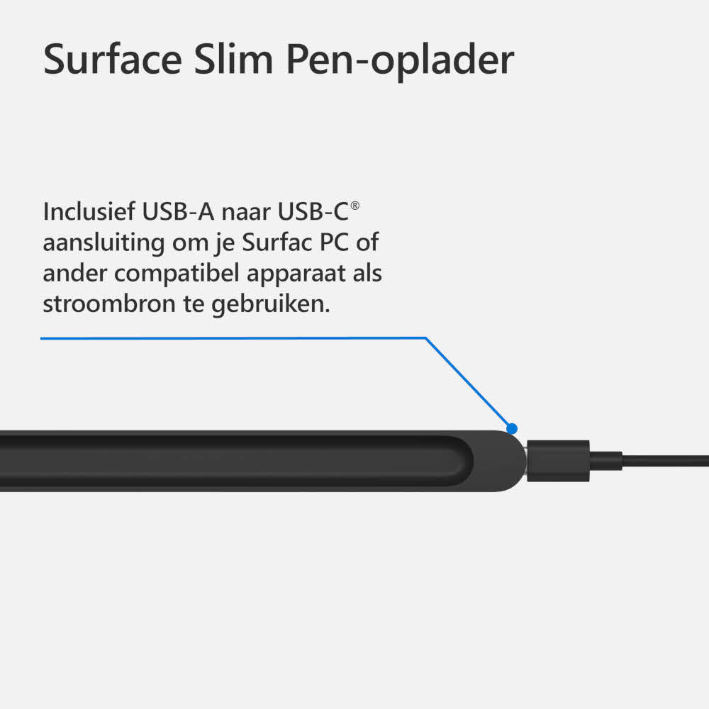 Zwarte penoplader met een kabel, de tekst “Surface Slim Pen-oplader” is zichtbaar.