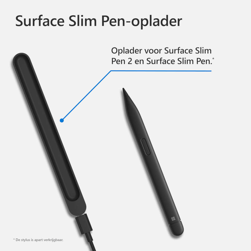 Zwarte Surface Slim Pen en oplader. De pen staat naast de oplaadbasis.