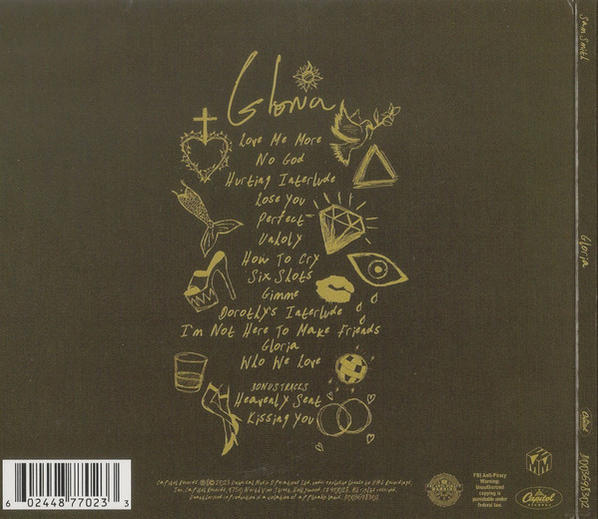 Albumcover mit Songtiteln und dekorativen Elementen auf braunem Hintergrund.