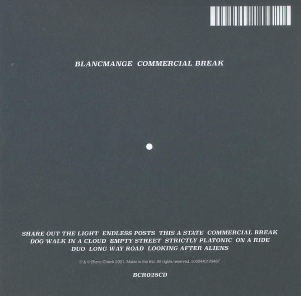 Ein dunkles Albumcover mit Text: BLANCMANGE COMMERCIAL BREAK und eine Liste von Titeln.