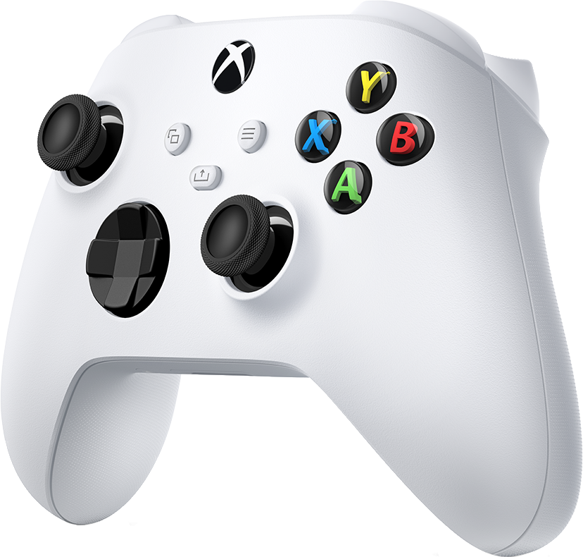 Fehér Xbox kontroller fekete joystickokkal, gombokkal és irányítóval.