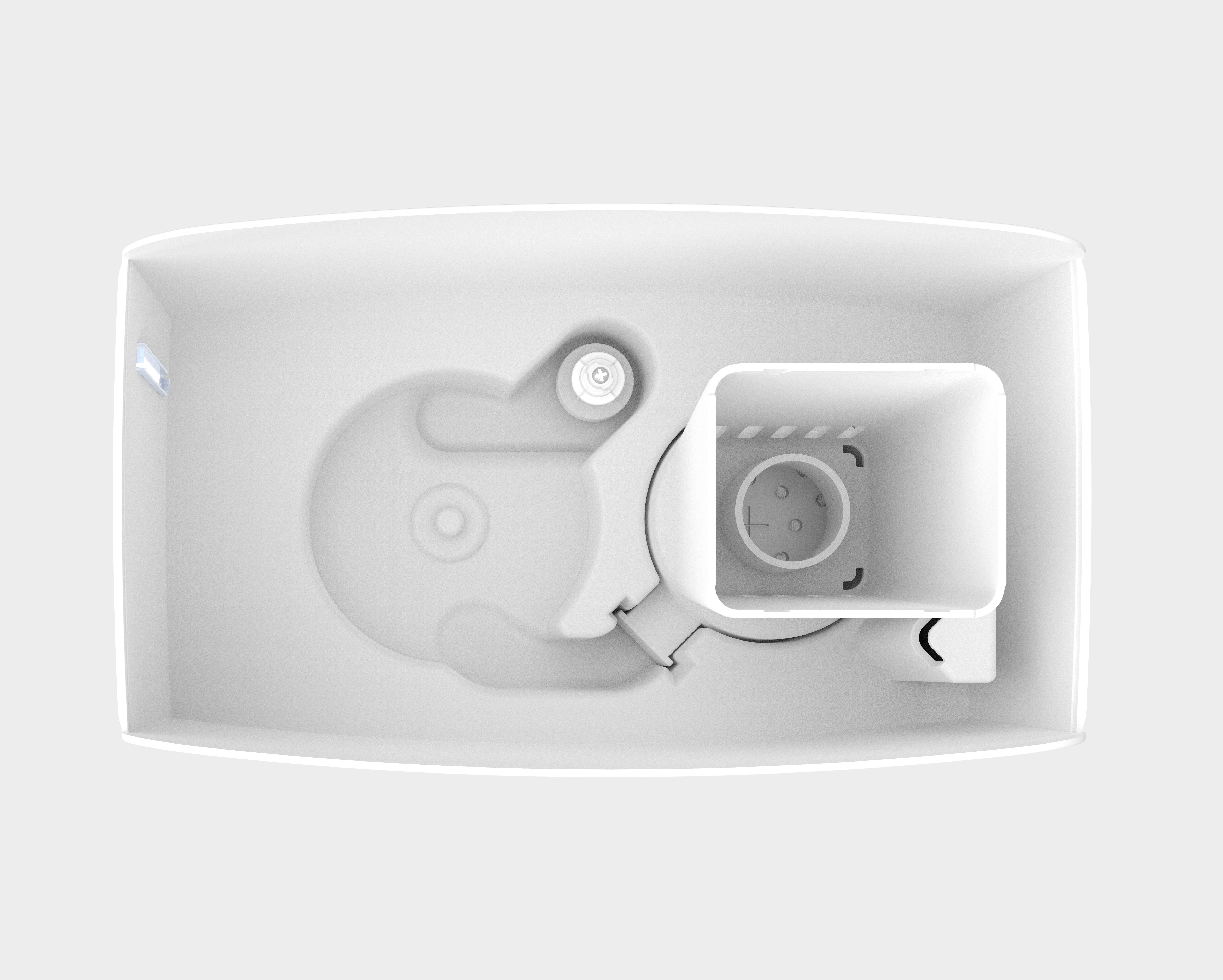 Draufsicht auf einen weißen Toilettenspülmechanismus. Zeigt interne Komponenten und Struktur.