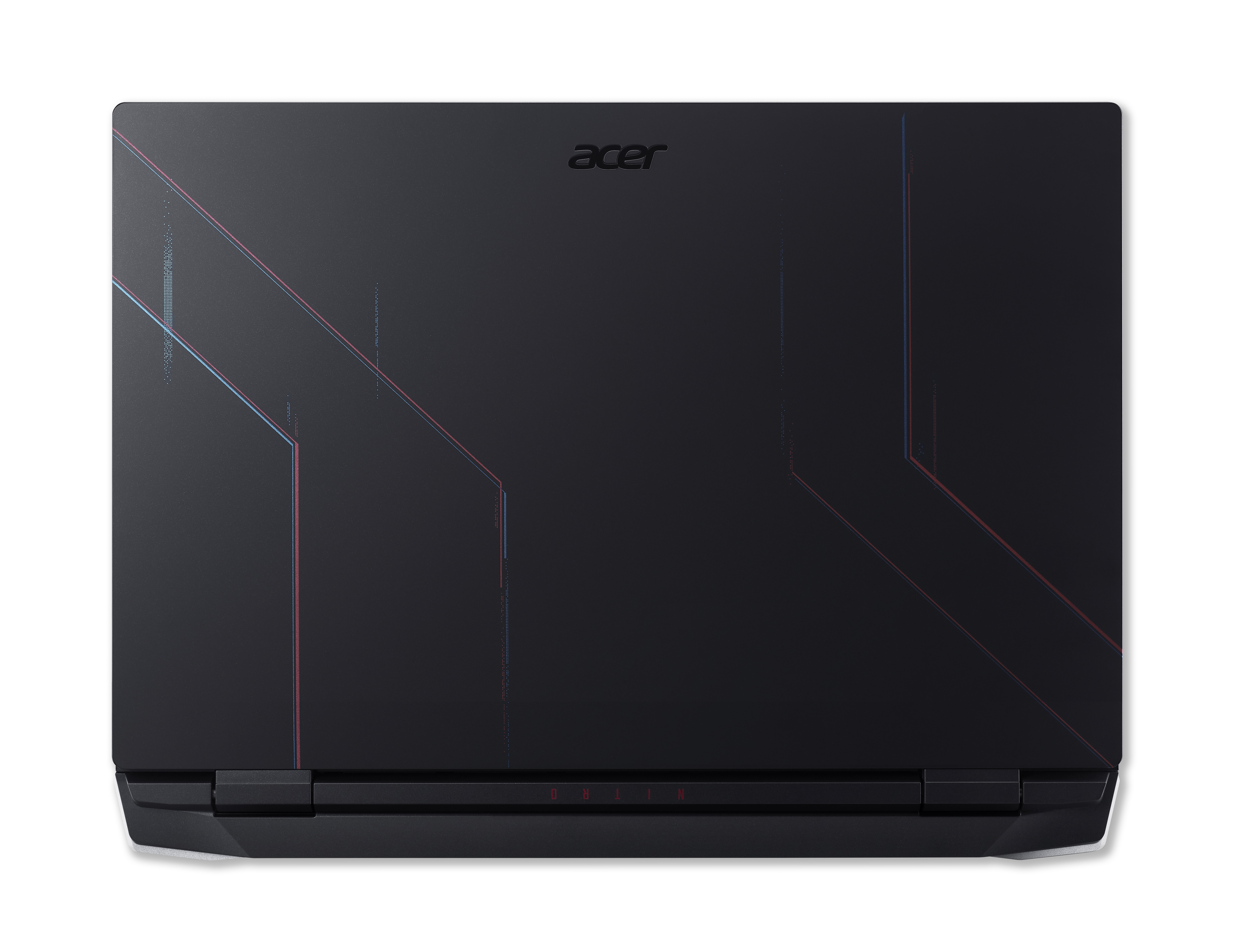 Schwarzer Acer-Laptop, Draufsicht, mit roten und blauen Designelementen.