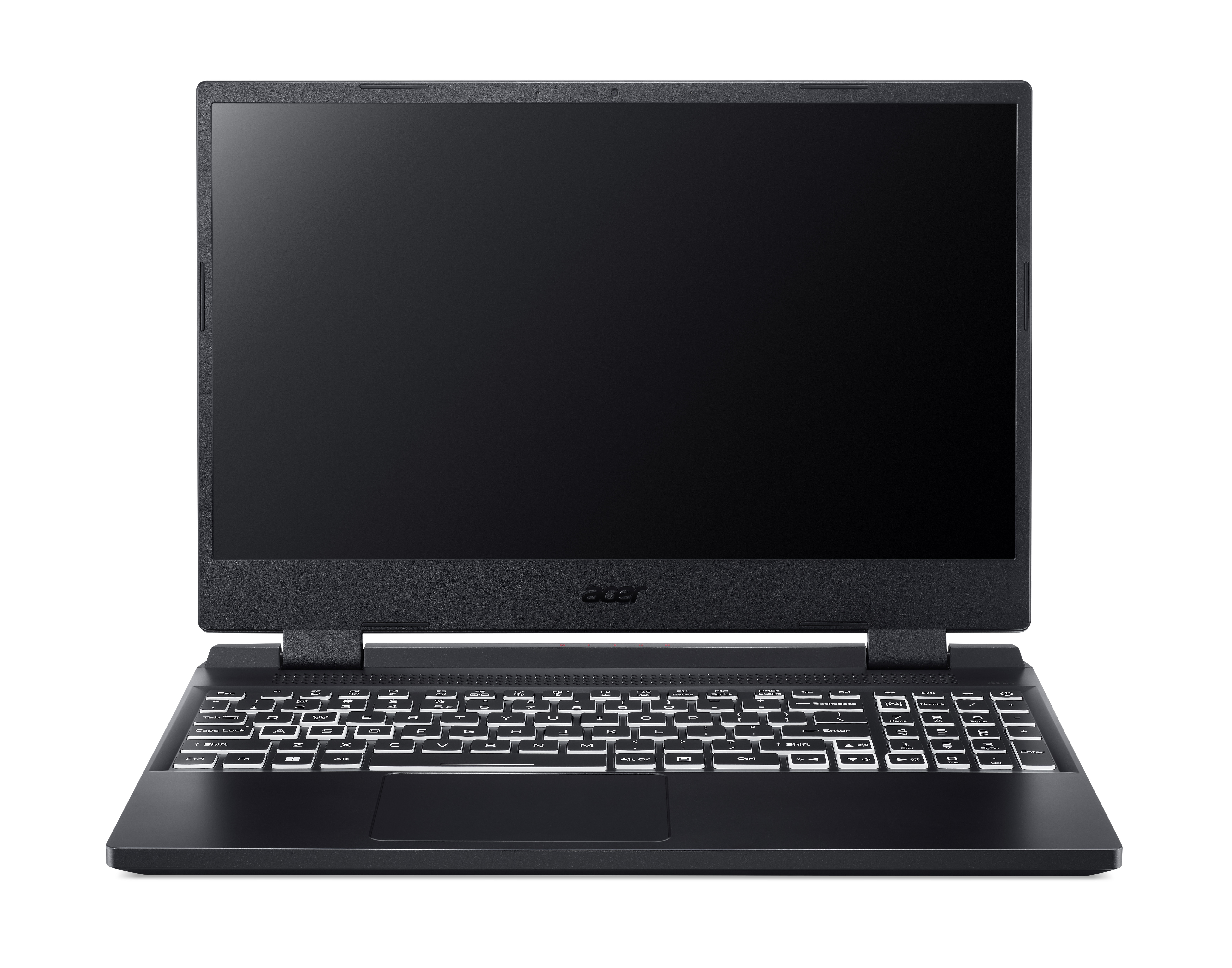 Schwarzer Laptop-Computer, geöffnet, Vorderansicht. Das Display ist leer. Die Tastatur ist weiß.