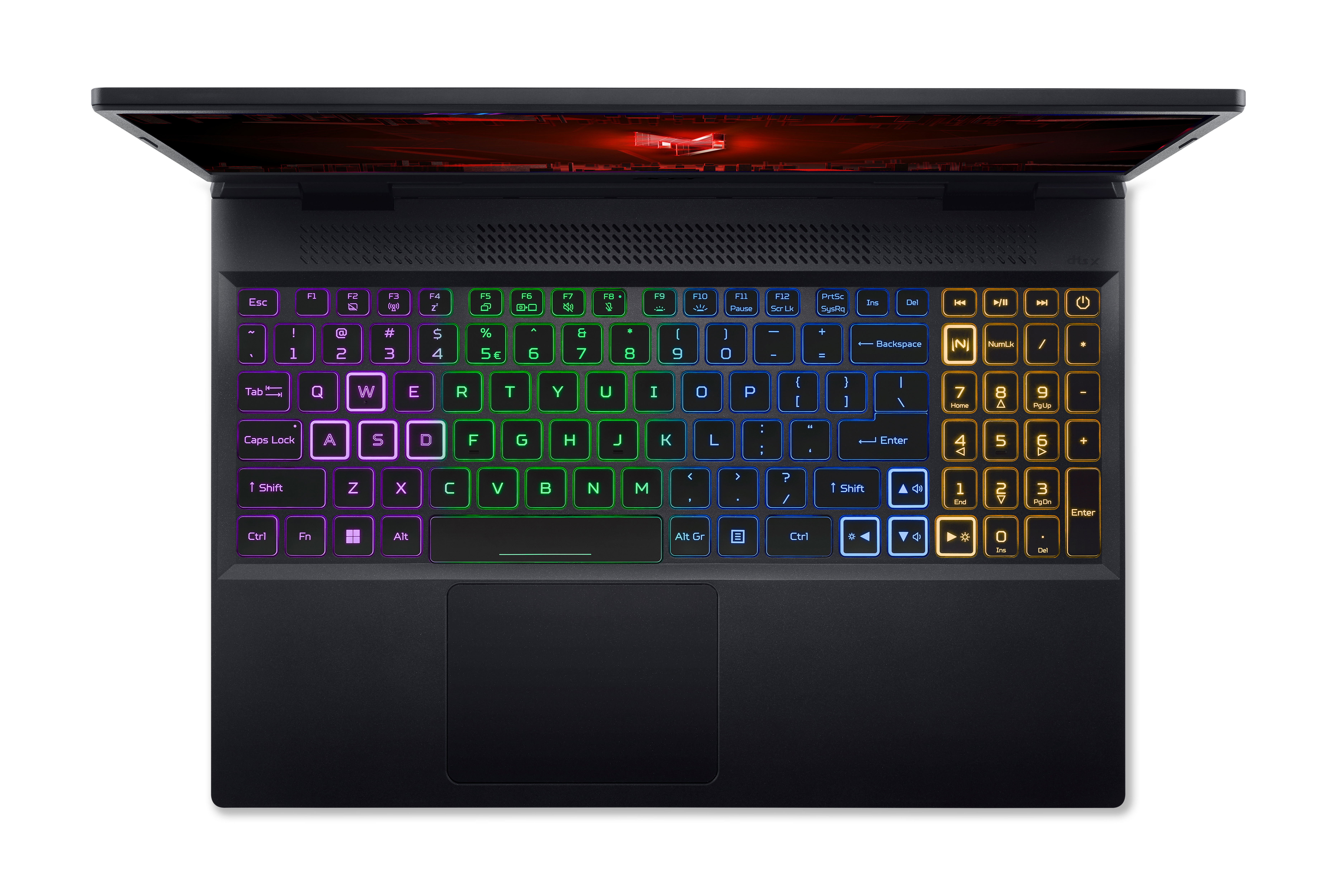 Laptop-Tastatur mit bunten, hintergrundbeleuchteten Tasten, Draufsicht.