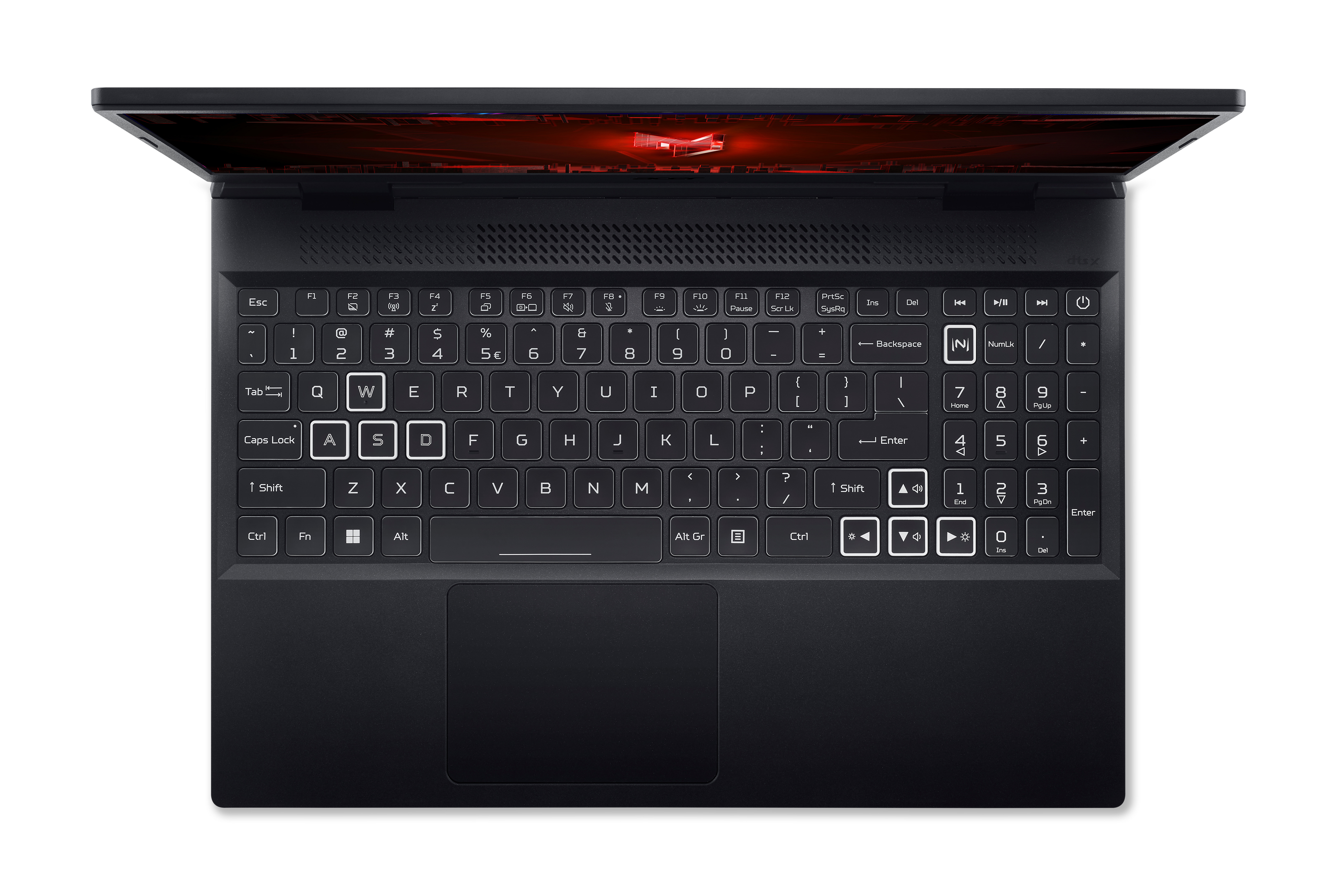 Draufsicht auf Laptop-Tastatur, schwarz. Rote Gaming-Akzente auf dem Bildschirm.