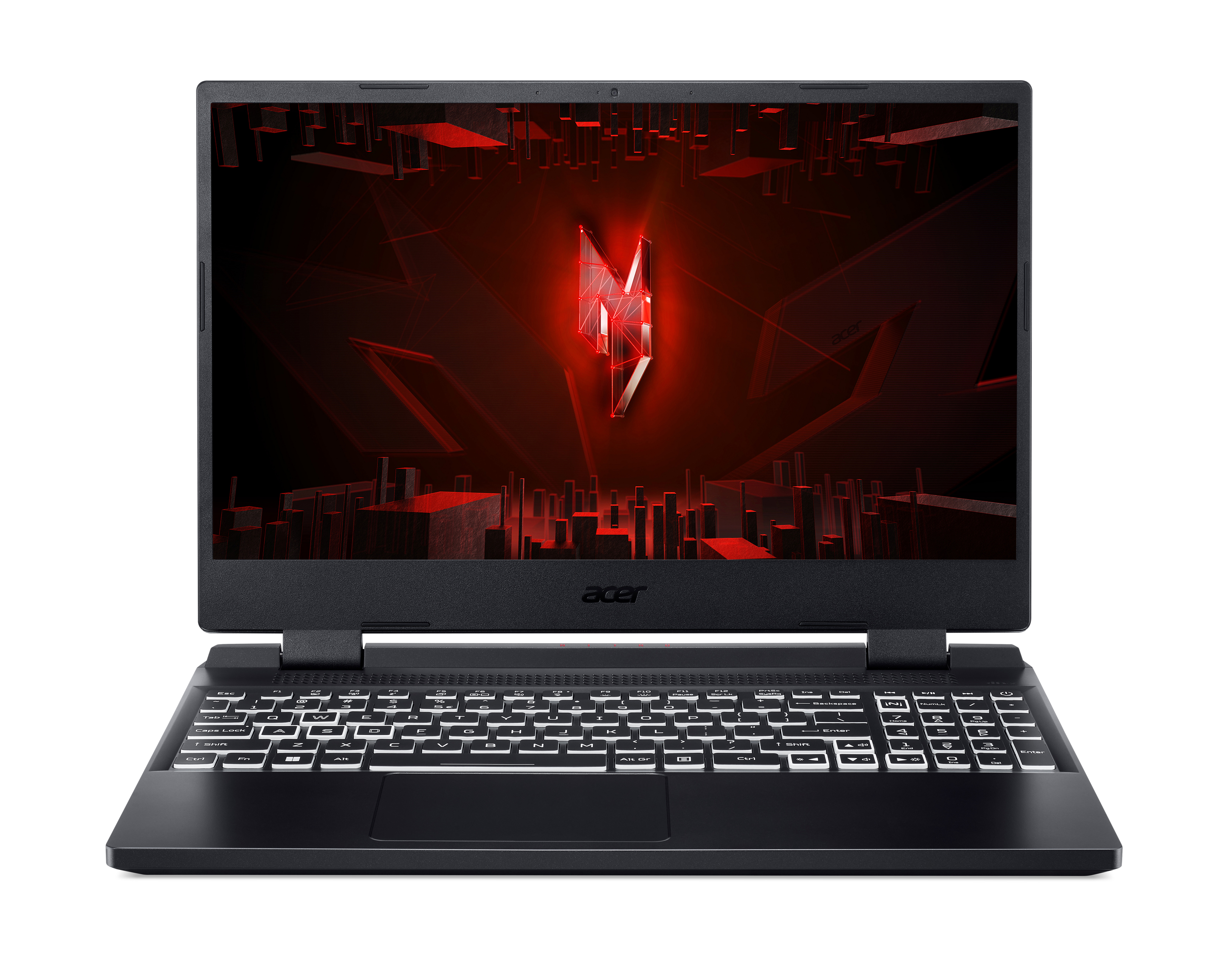 Schwarzer Acer Gaming-Laptop offen, zeigt eine rot-schwarze Grafik auf dem Bildschirm.