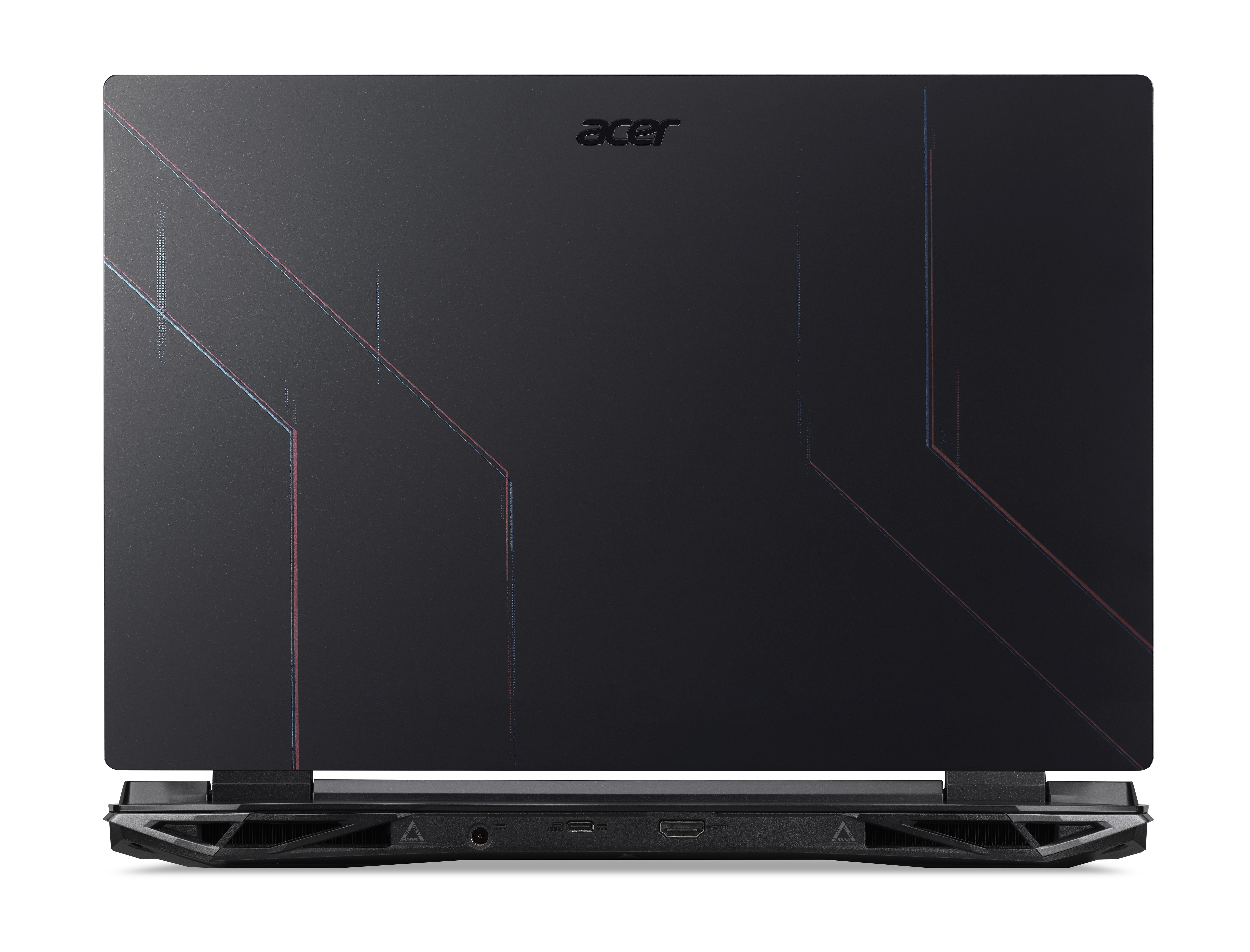 Die Rückseite eines schwarzen Acer Nitro Laptops mit geometrischem Design in Rot, Blau und Grau.