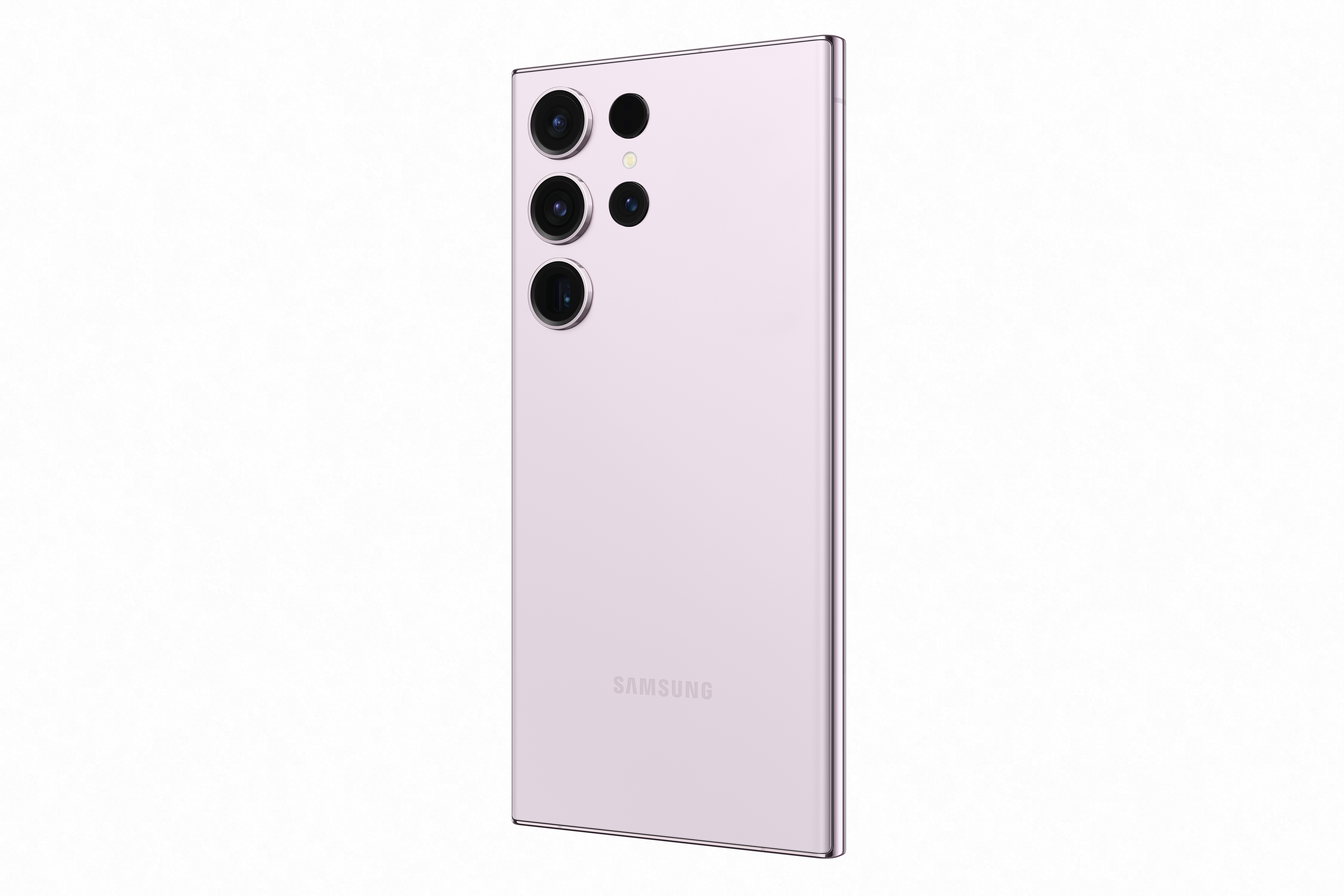 Üç kameralı ve logolu leylak rengi Samsung telefon arkası.