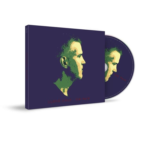 Ein Albumcover mit dem Gesicht eines Mannes in Grün und einer CD. Das Cover ist lila und weiß.