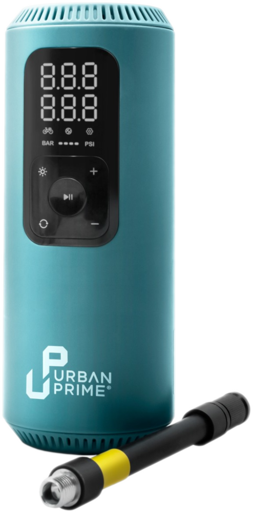 Pompe à air Urban Prime turquoise avec affichage numérique. Comprend un tuyau d'air noir et jaune.