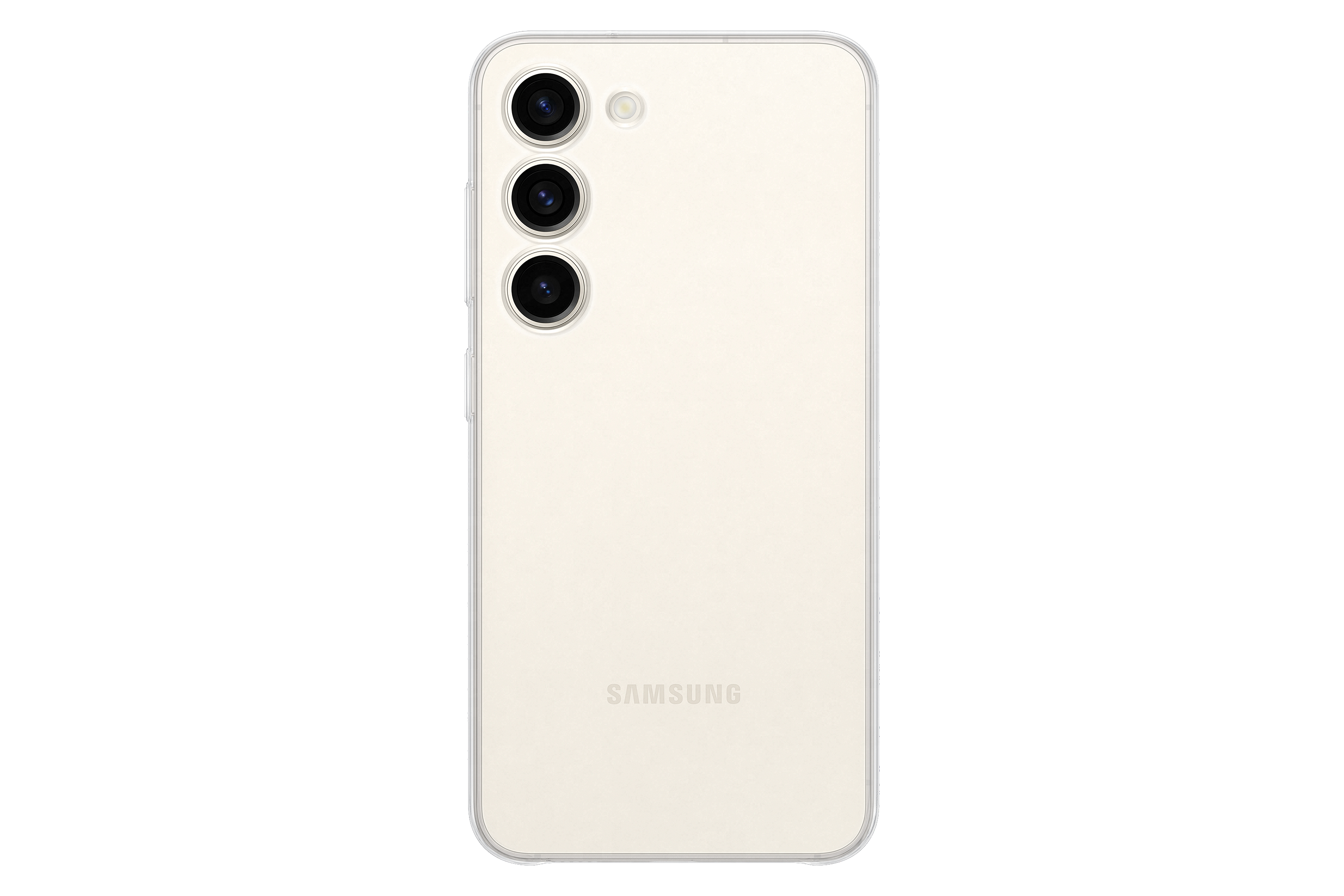 Cremefarbene Smartphone-Rückseite mit drei Kameras und Samsung-Logo.