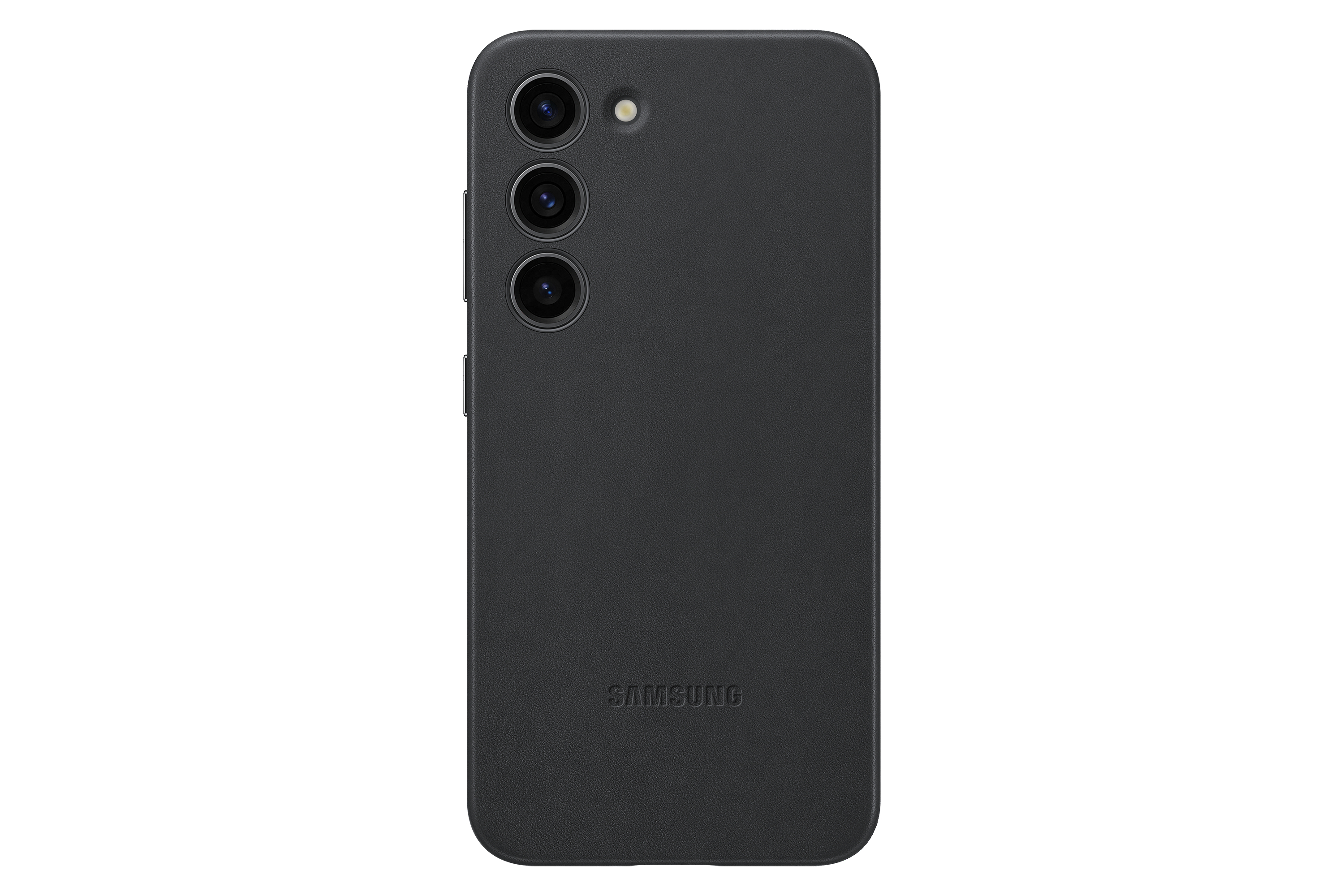 Schwarze Samsung-Telefonrückseite mit drei Kameras und Samsung-Logo.