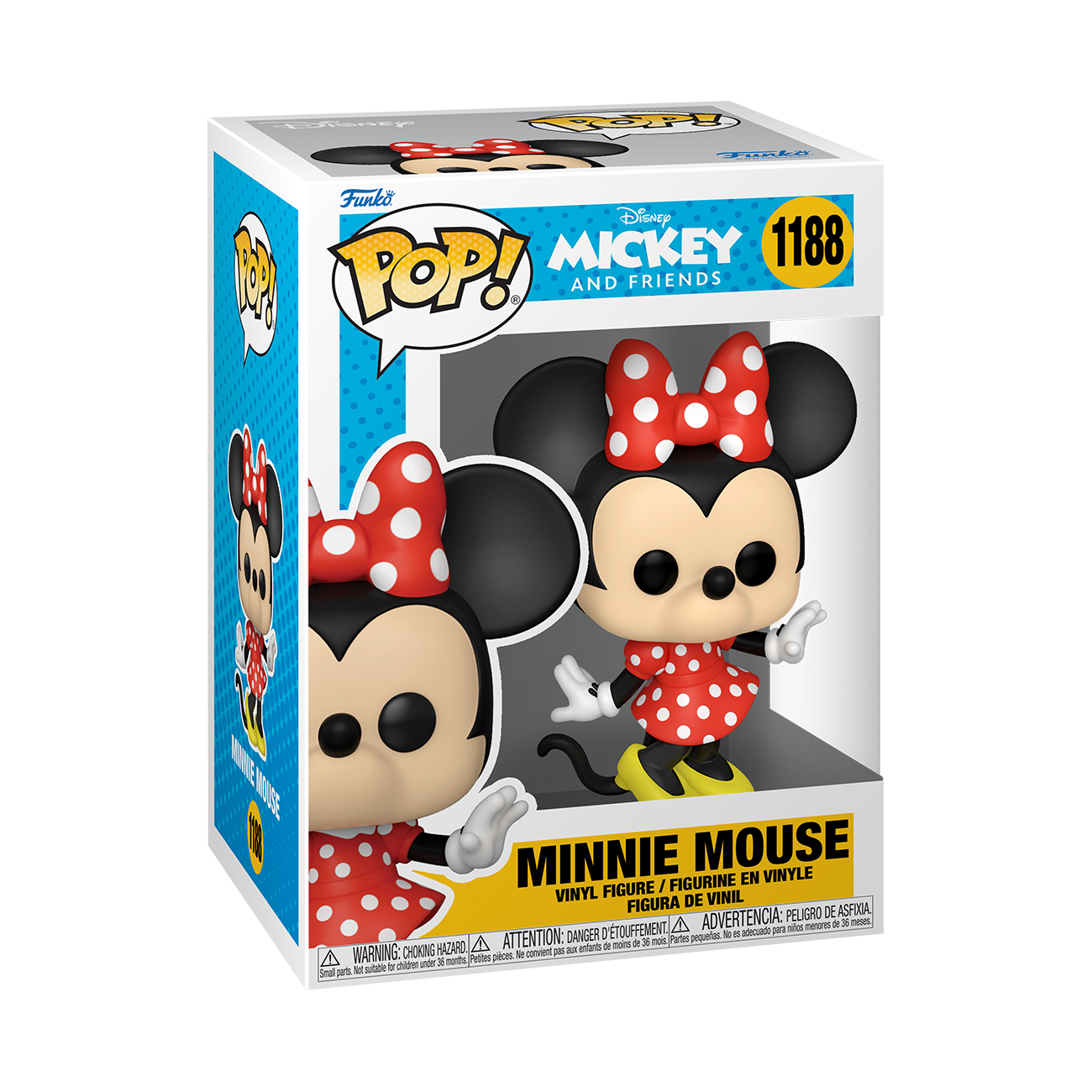 Un Funko Pop de Minnie Mouse en una caja sobre un fondo negro.