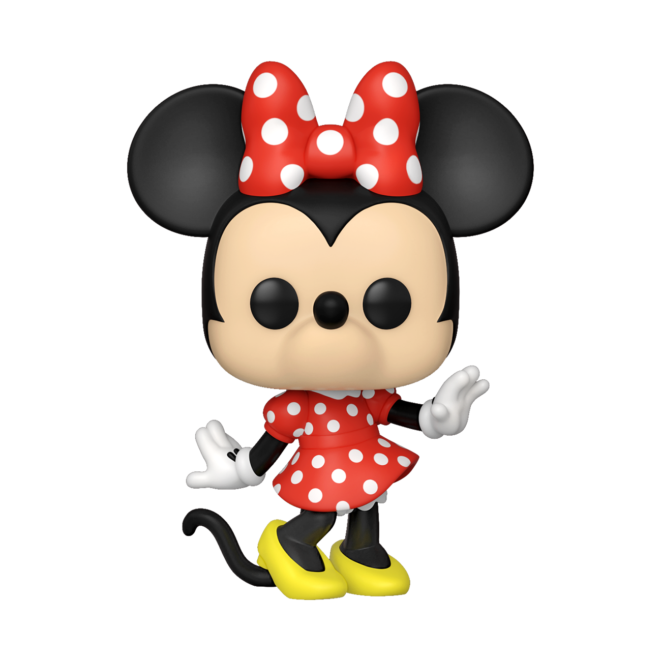 Figura de Minnie Mouse. Viste un vestido rojo con lunares blancos y un lazo rojo.