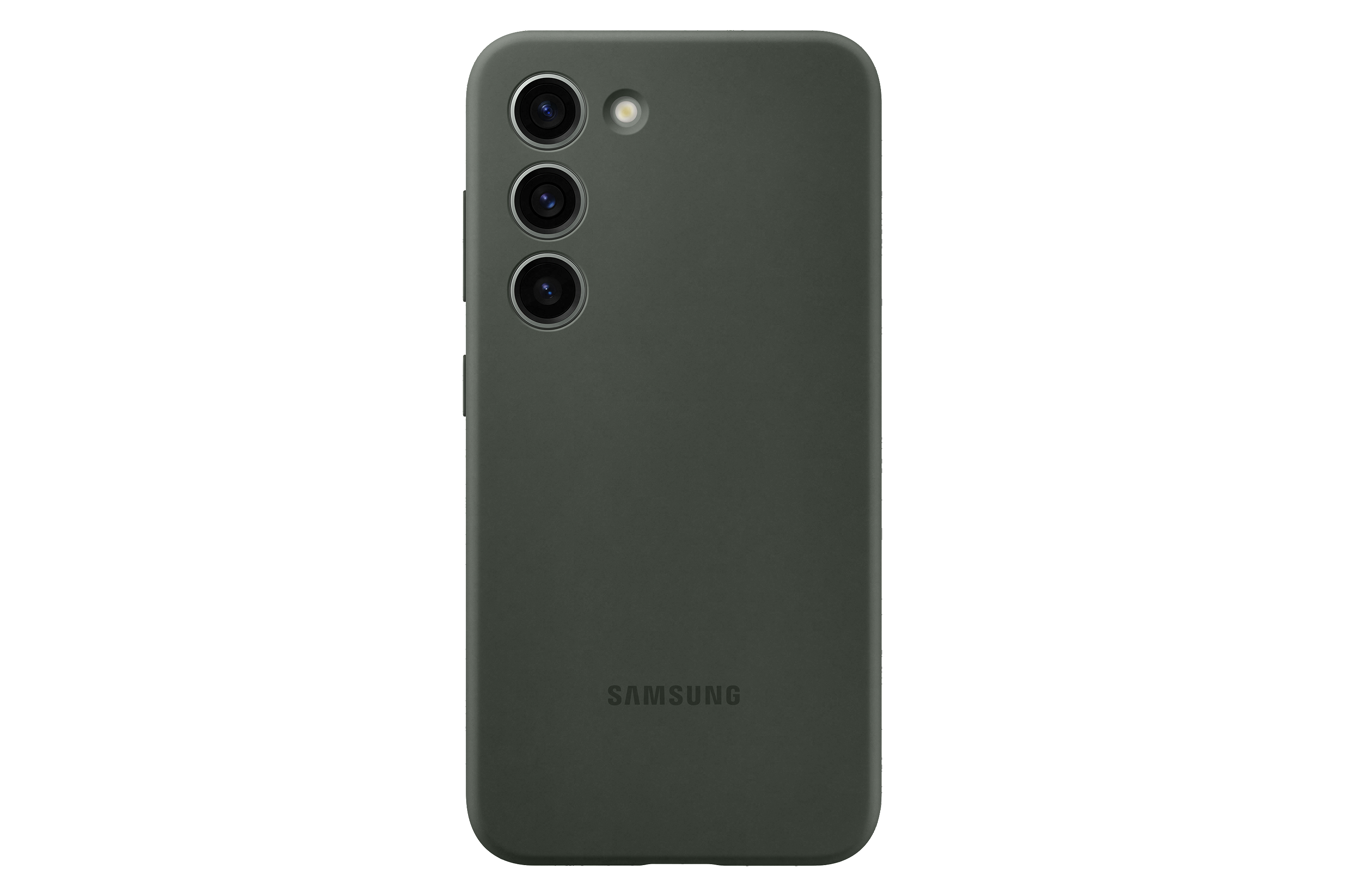 Eine dunkelgrüne Handyhülle mit drei Kameraausschnitten und einem Samsung-Logo. Weißer Hintergrund.