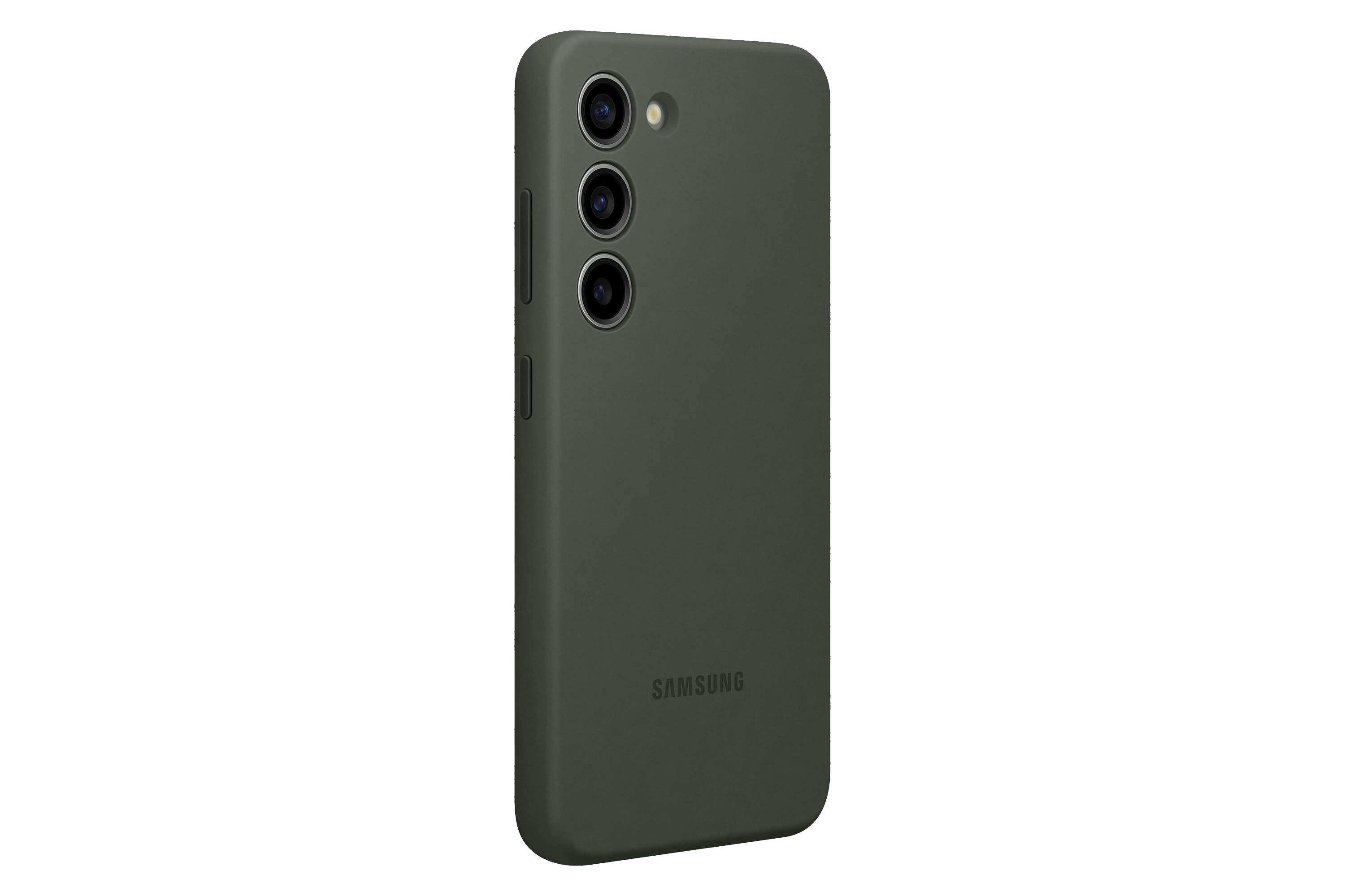 Eine dunkelgrüne Smartphone-Hülle mit drei Kameralinsen und dem Wort 'SAMSUNG' unten aufgedruckt.