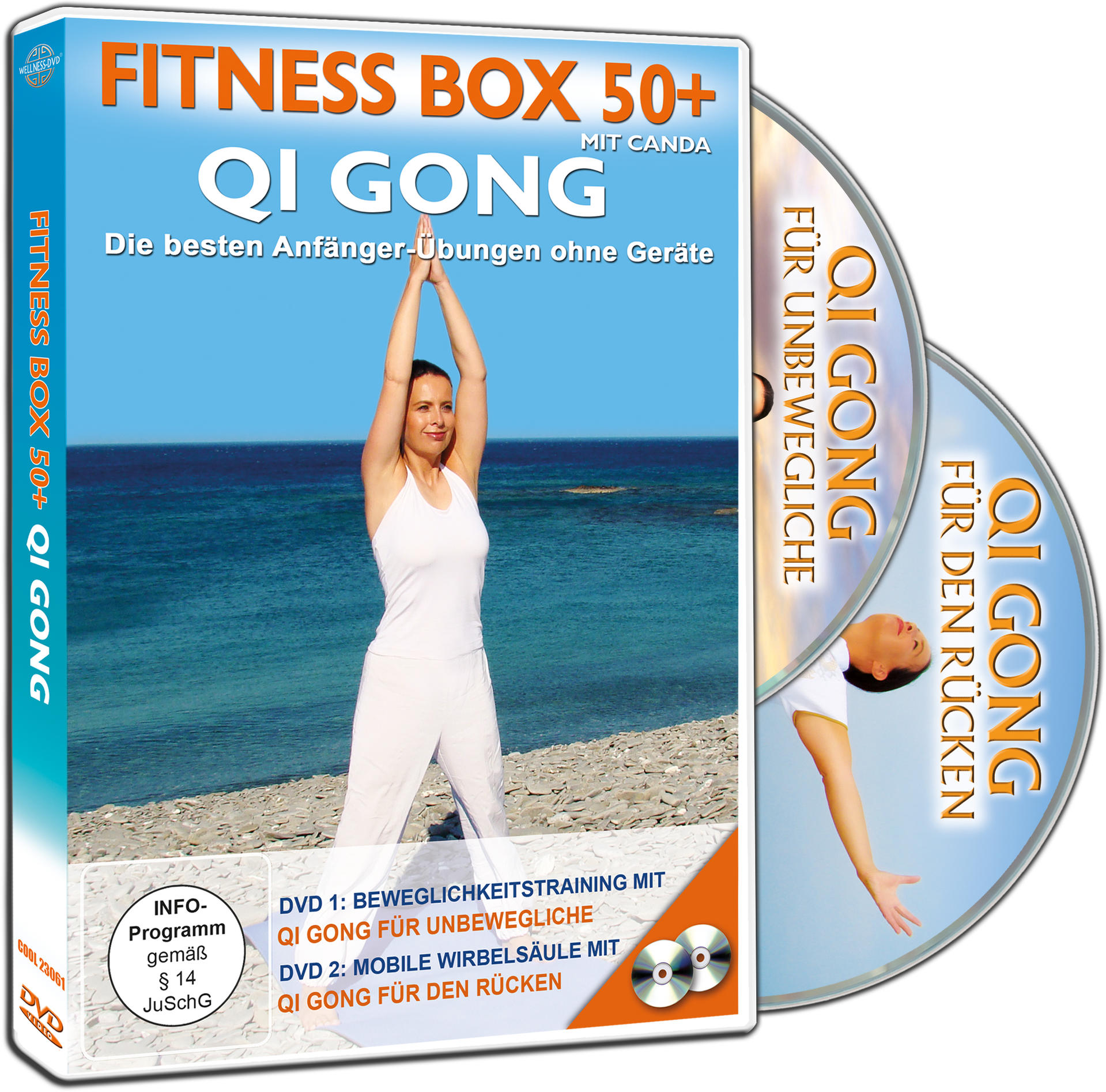 Buchcover für 'FITNESS BOX 50+' mit einer Frau, die eine Übung macht. Auf weißem Hintergrund.