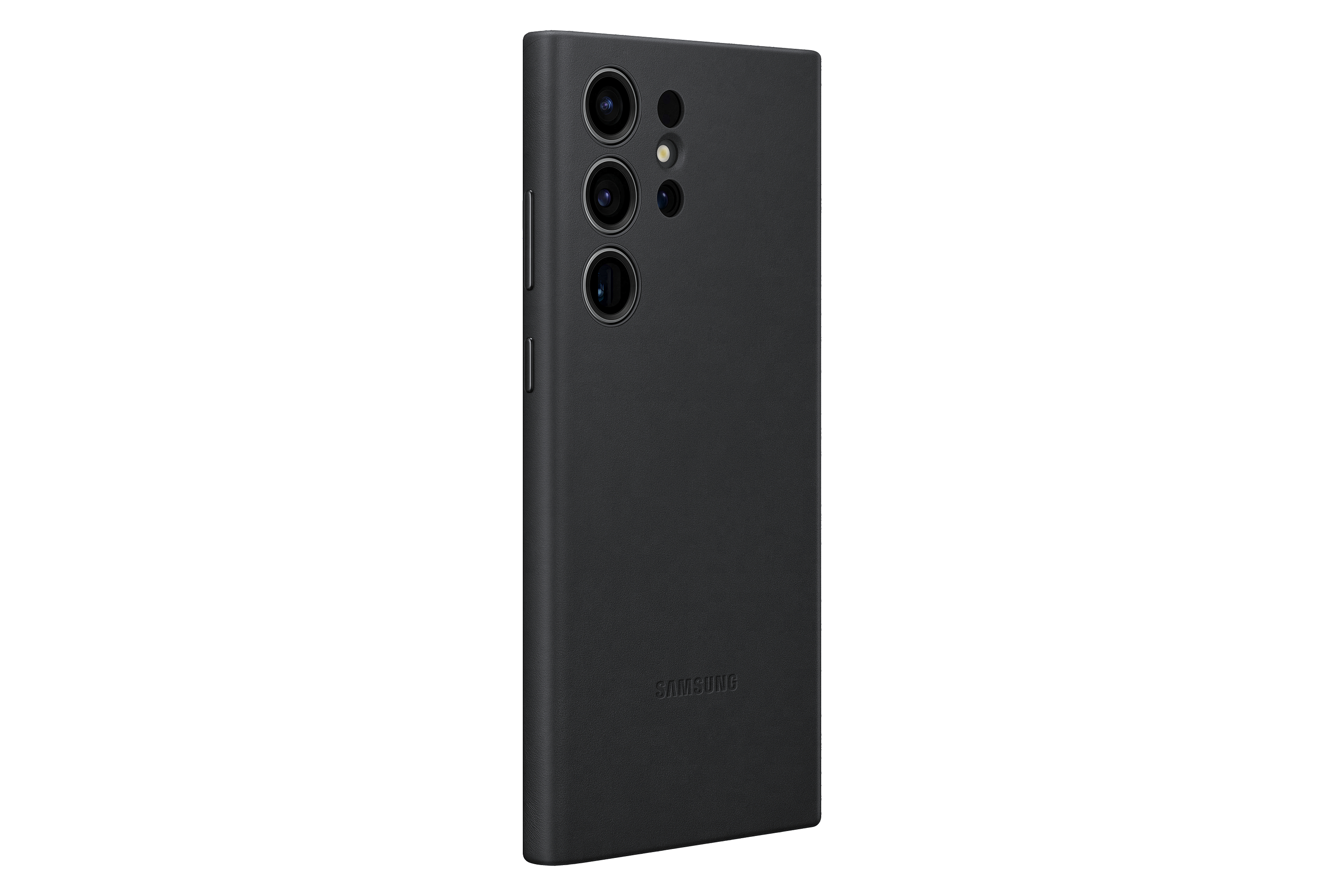 Schwarze Handyhülle mit Kameras und Samsung-Logo. Dunkelgrau. Weißer Hintergrund.
