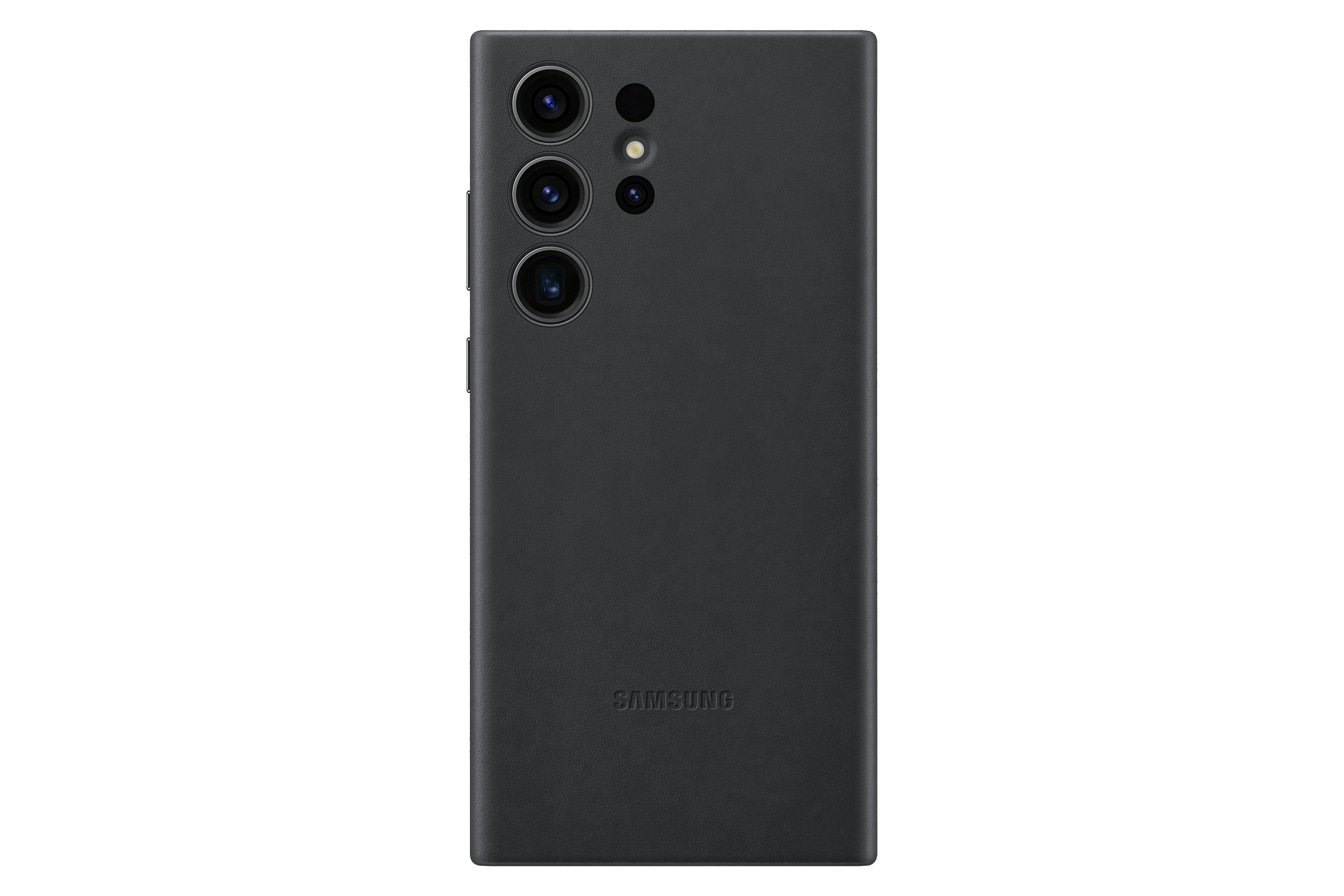 Schwarze Samsung Telefonrückseite mit 3 Kameras. Samsung-Logo unten.