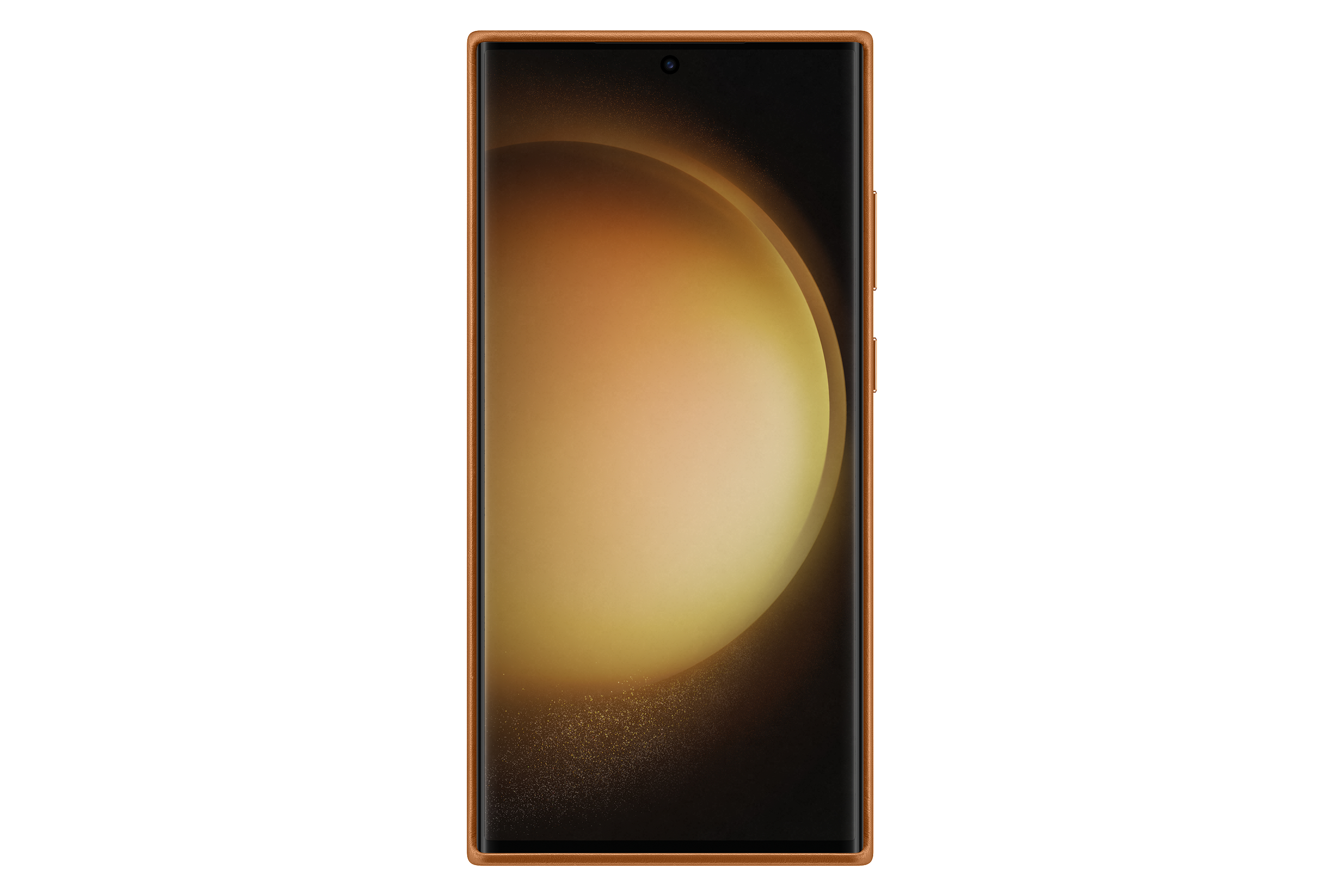 Ein Samsung-Telefon in Frontansicht, orangefarbener Rahmen und dunkler Bildschirm. Der Bildschirm zeigt einen Farbverlauf.
