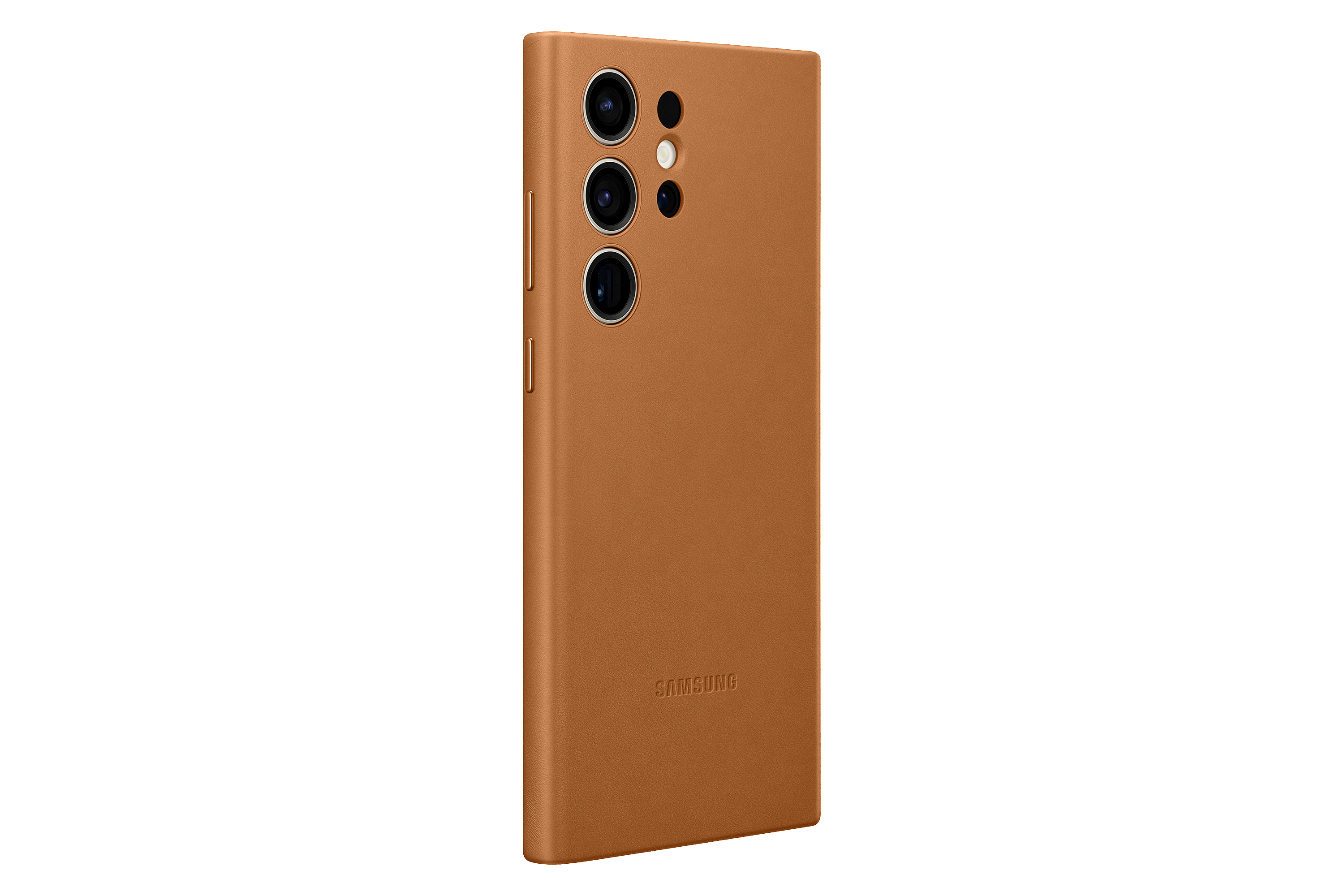 Smartphone-Rückseite, braune Lederhülle, drei Kameras.