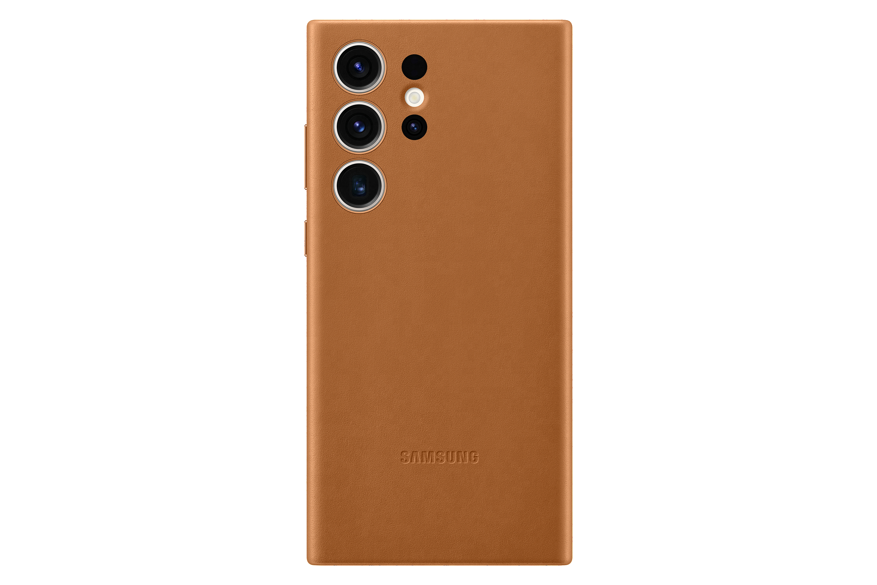 Ein Smartphone mit brauner Lederhülle, zeigt die Rückseite mit Kameras.
