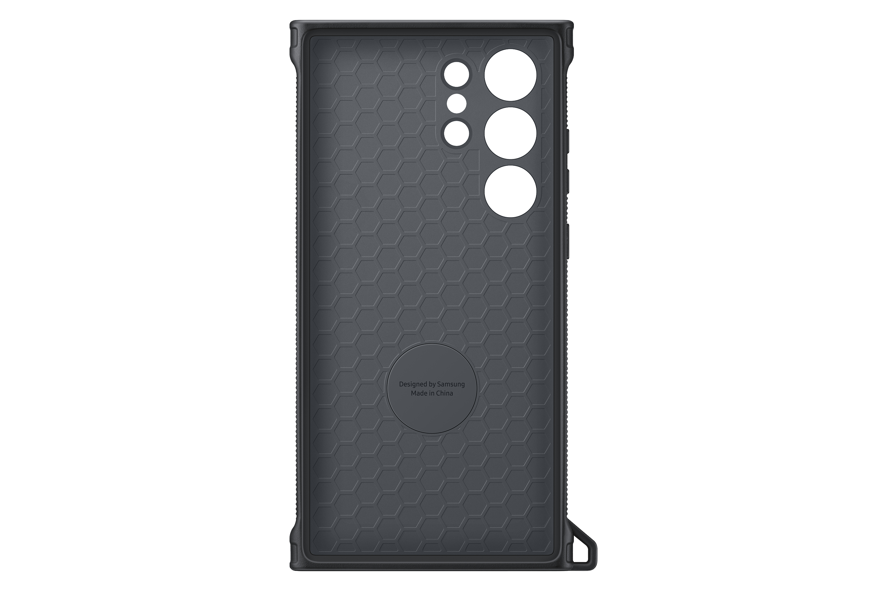 Schwarze Handyhülle hinten, strukturiert mit Muster, schwarzer Rahmen.