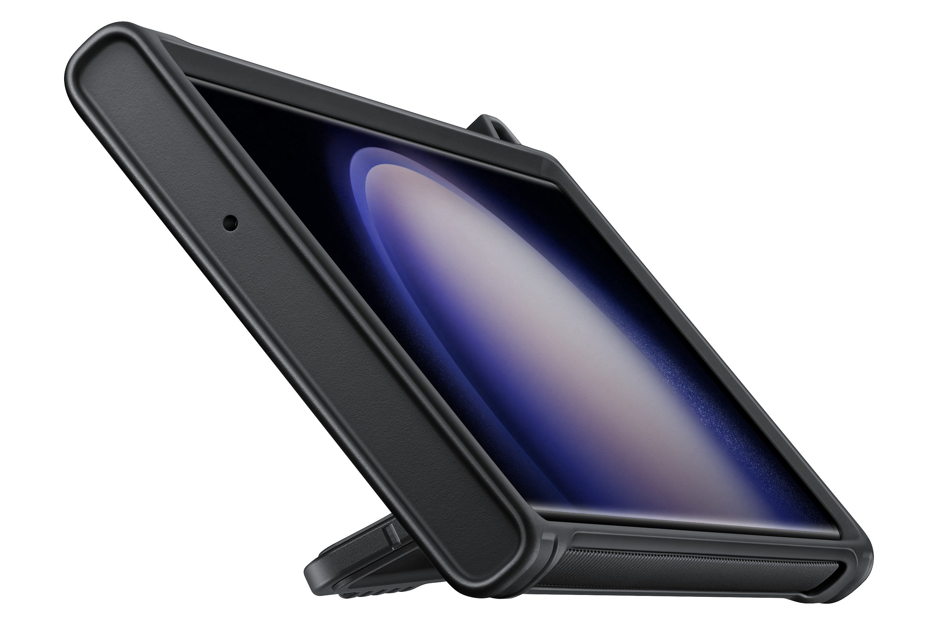 Ein schwarzes Telefon in einer Hülle, abgewinkelt, mit einem Ständer. Der Bildschirm ist sichtbar.