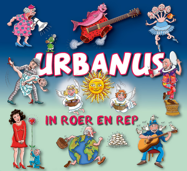 Pochette d'album, personnages de dessins animés et un grand titre : 'Urbanus In Roer En Rep'. Couleurs vives et diverses figures.