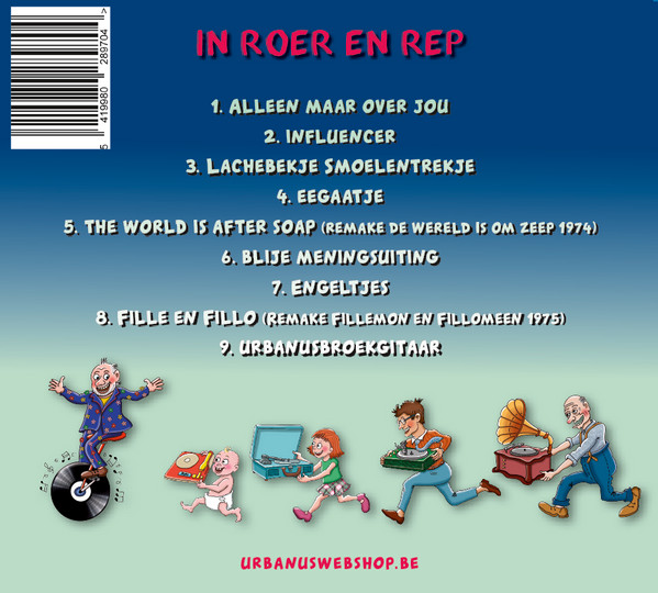 Pochette de CD avec des personnages de dessins animés et du texte sur fond bleu. Liste des pistes.