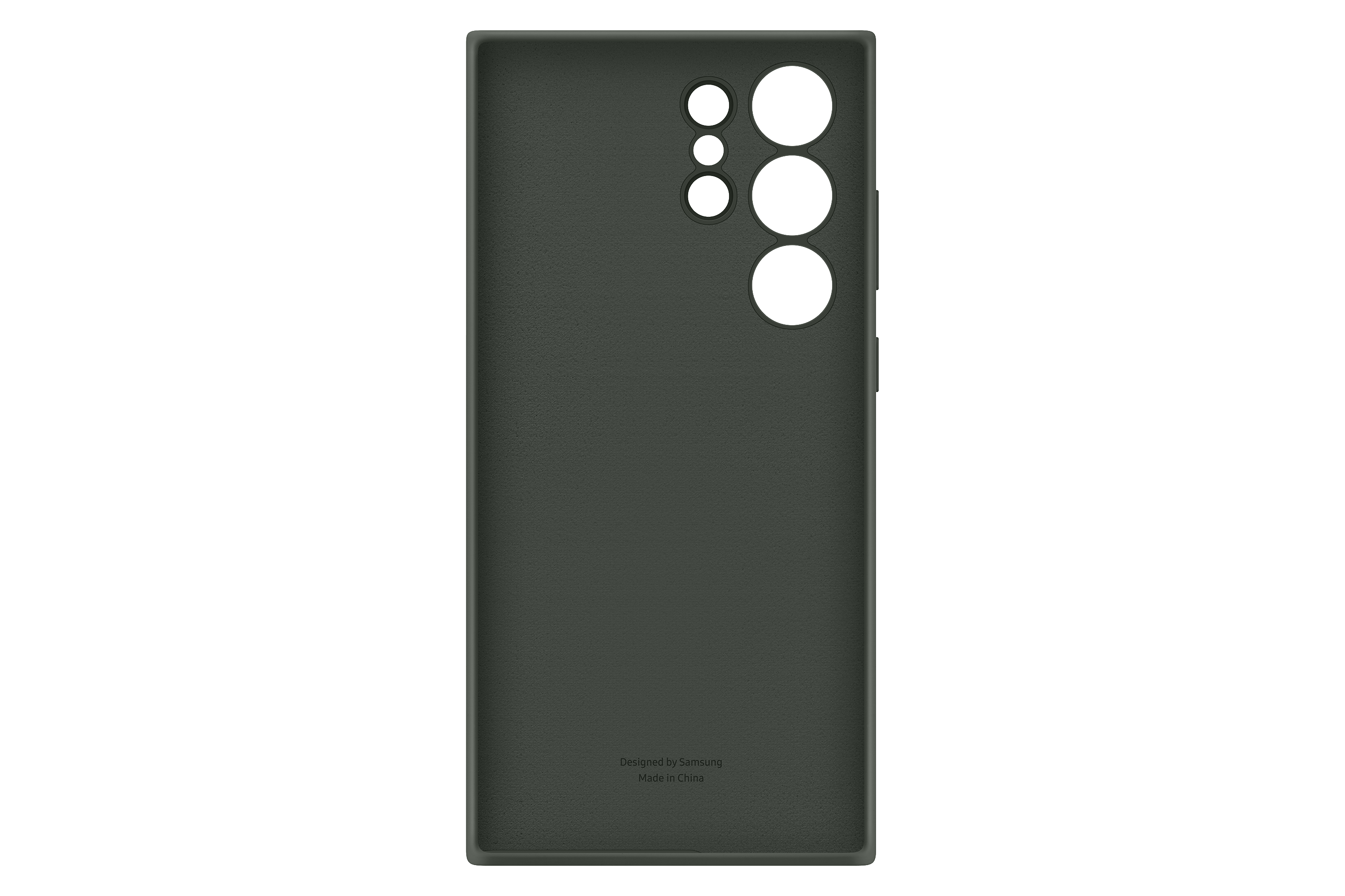 Dunkelgrüne Handyhülle mit Kameraausschnitten. Entworfen von Samsung, hergestellt in China.