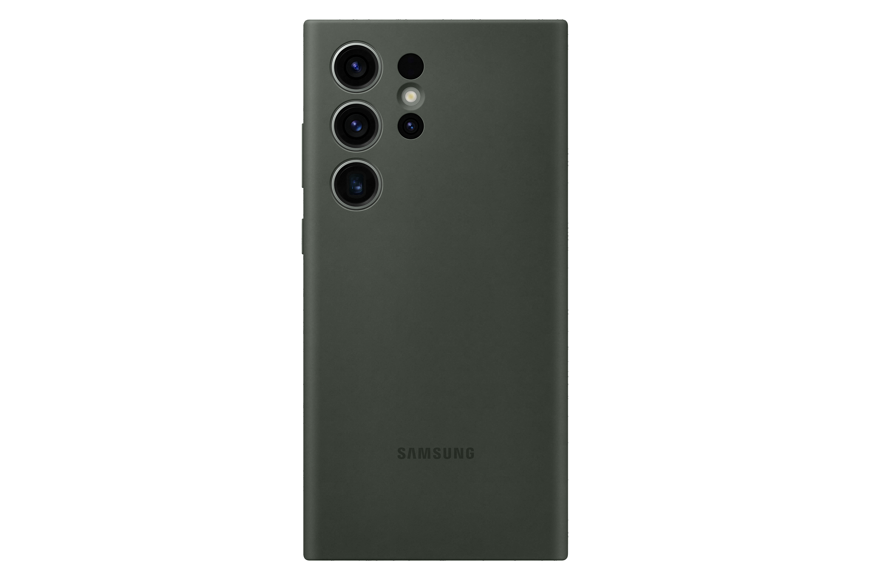 Dunkelgraue Rückseite des Samsung Galaxy S23 Ultra mit drei Kameras auf weißem Hintergrund.