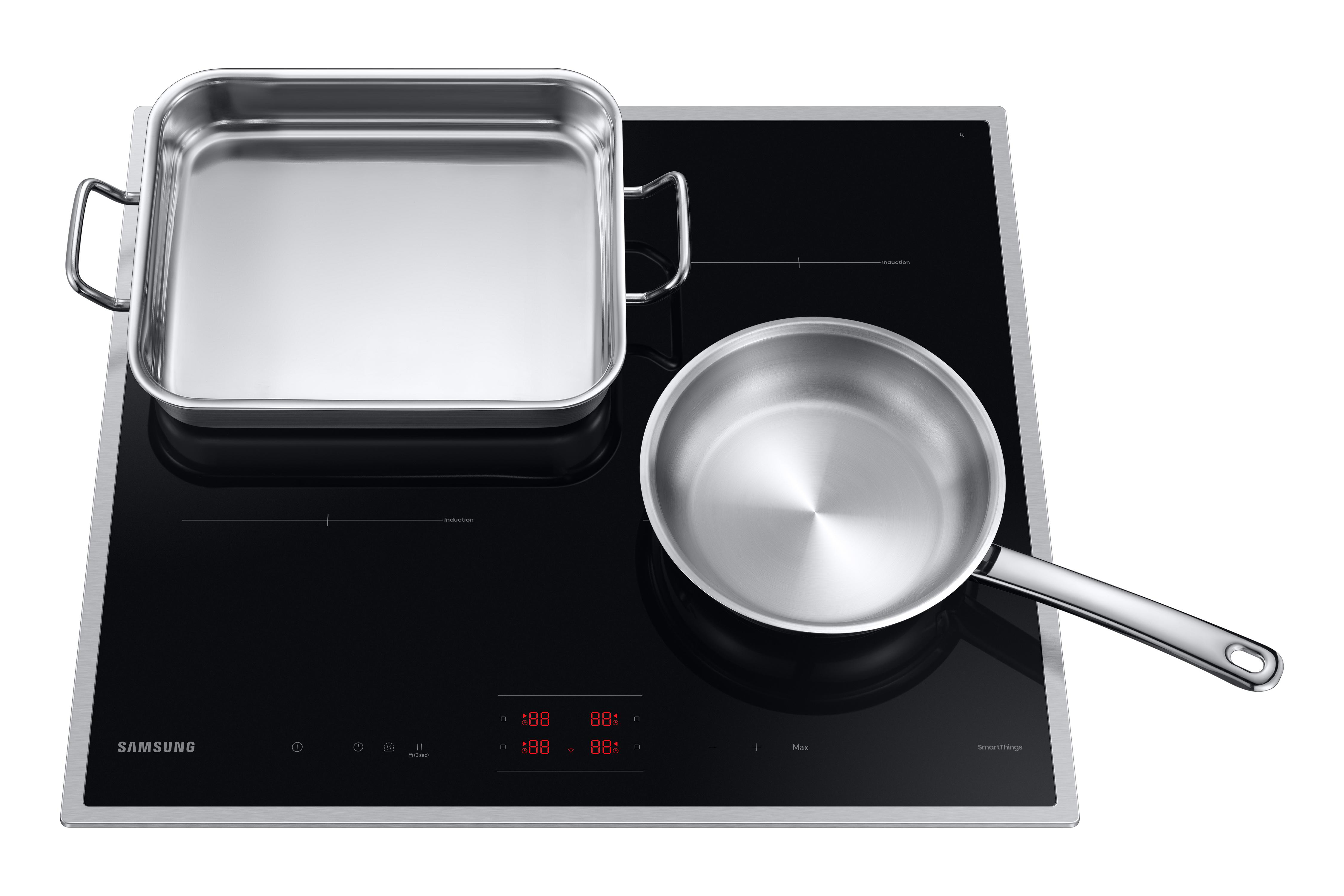Schwarzes Samsung Induktionskochfeld mit quadratischer und runder Pfanne.