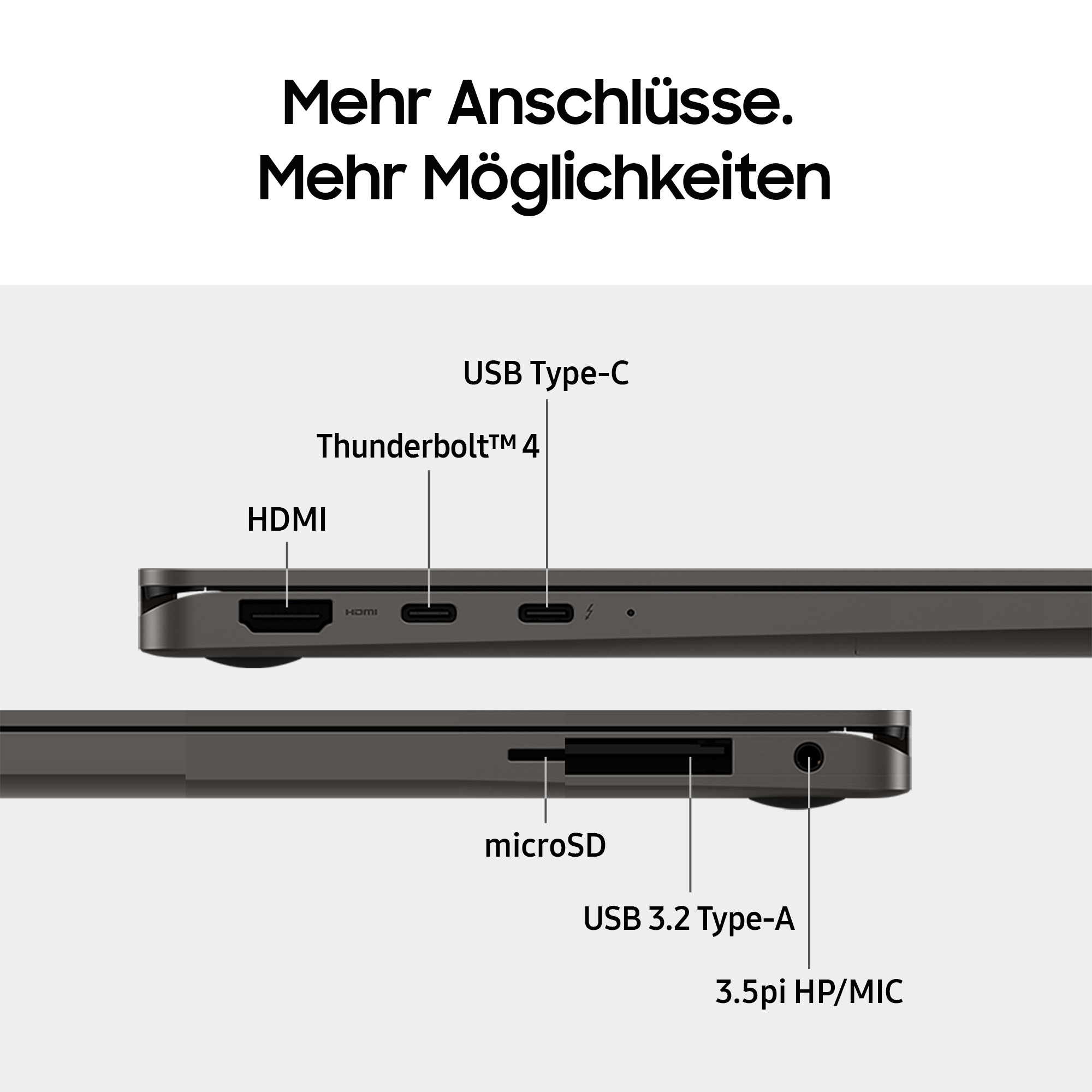 Nahaufnahme einer Laptopseite mit Anschlüssen: HDMI, Thunderbolt, USB-C, microSD, USB-A und Audioanschluss.