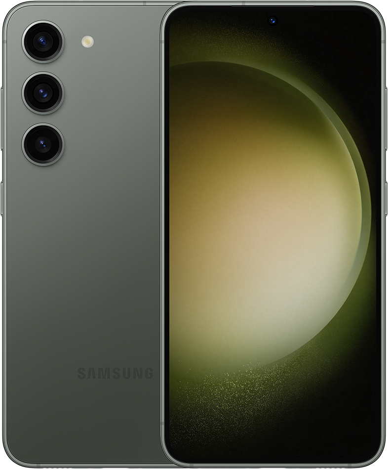 Zöld Samsung telefon, hátulnézet és elölnézet. Három kamera hátul. Fehér háttér.
