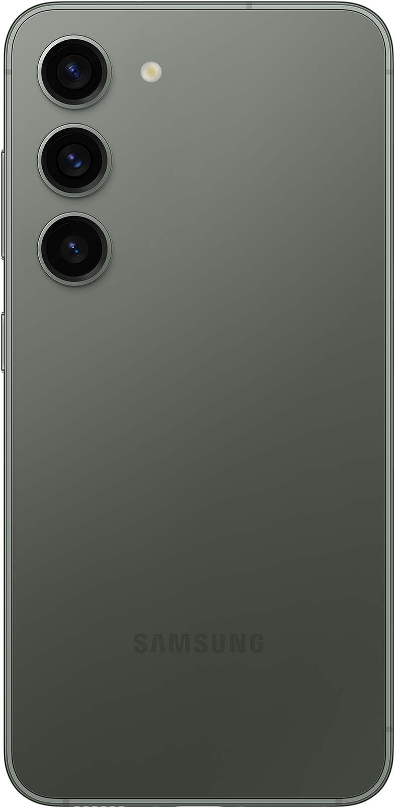 Egy zöld Samsung Galaxy S23+ okostelefon hátulja. Három kamera és a Samsung logó látható.
