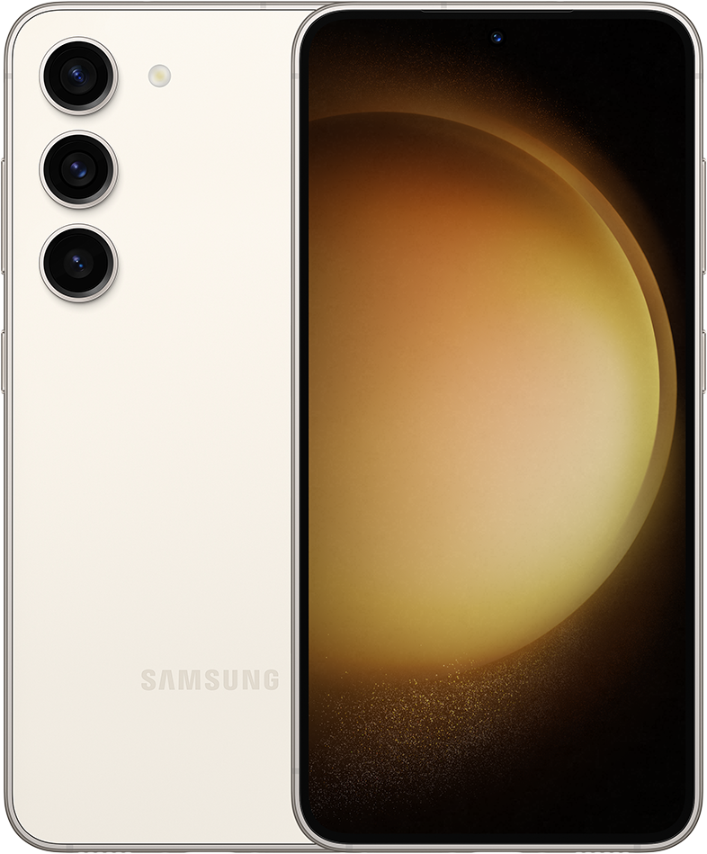 Krémszínű Samsung Galaxy S23 okostelefon. Három hátlapi kamerával, Samsung logóval és arany színű képernyővel.