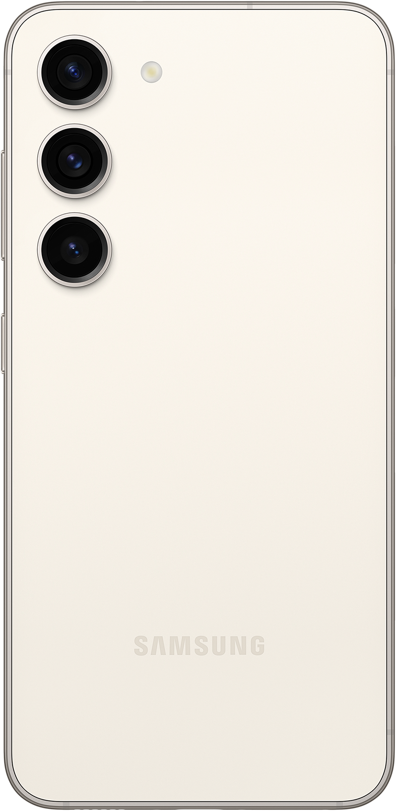 Krémszínű telefon hátlapja három kamerával, egy villanóval és a Samsung logóval. A telefon fémkerettel rendelkezik.