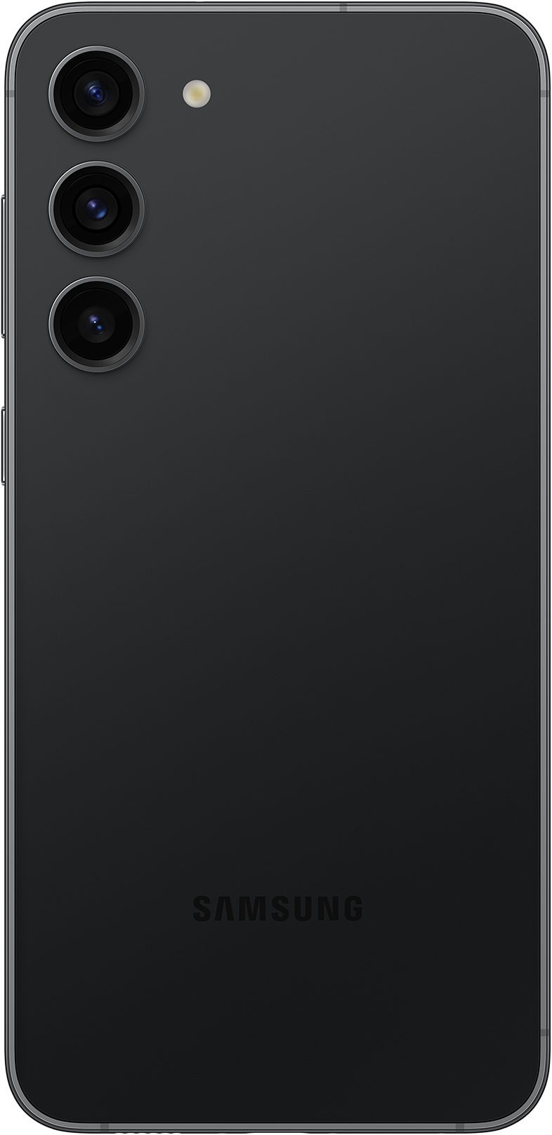 Fekete telefon hátulja 3 kamerával és a Samsung logóval alul.