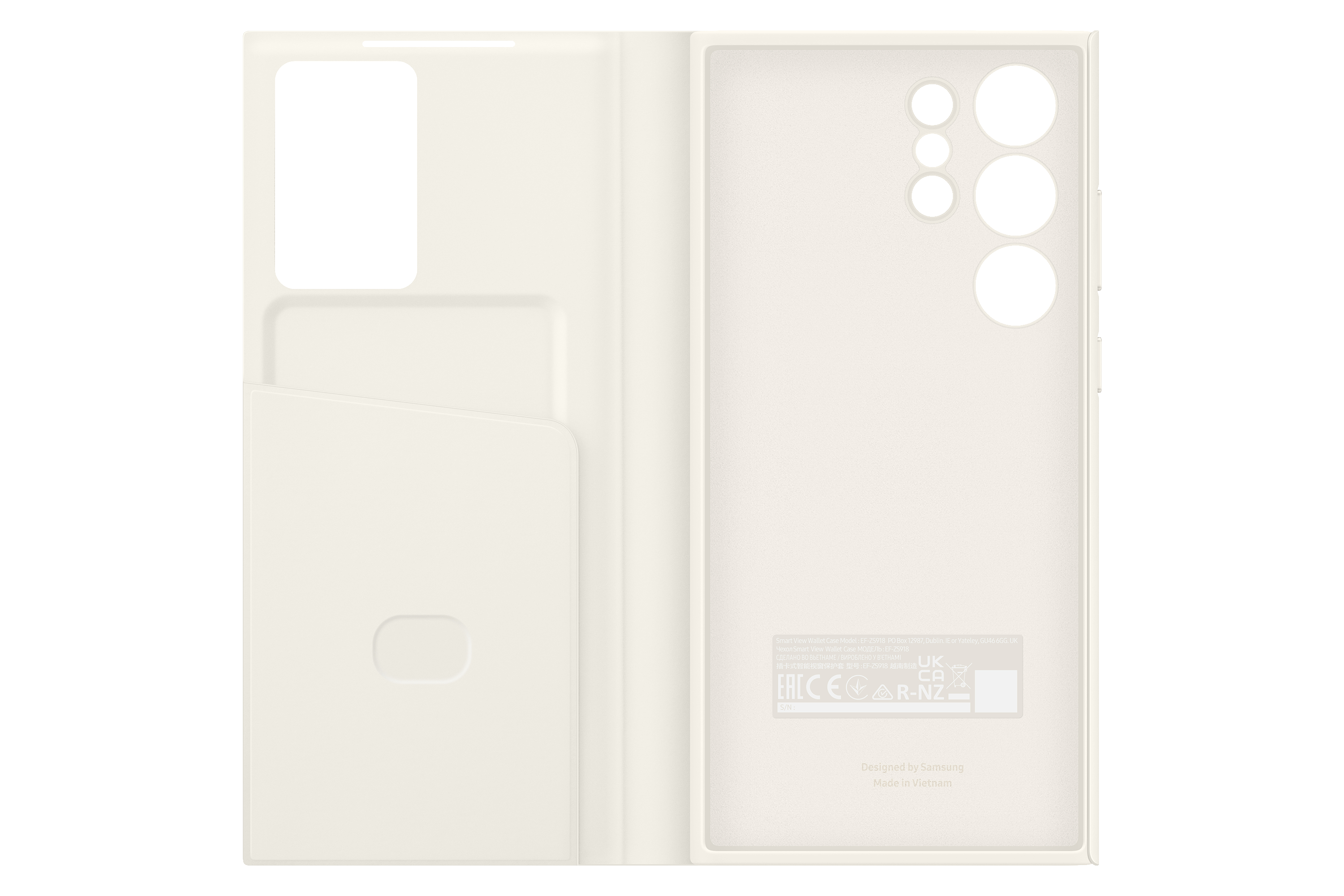 Smartphone-Hülle, offen, Innenansicht, weiß, mit Kartenfächern und Logo, weißer Hintergrund.