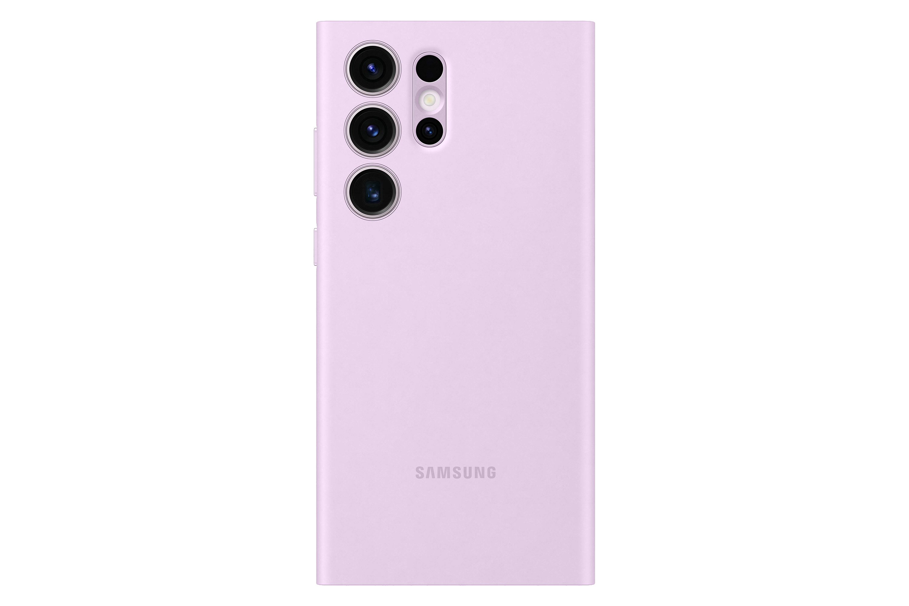 Eine hellviolette Handyhülle mit Samsung-Logo und Kameralinsen.