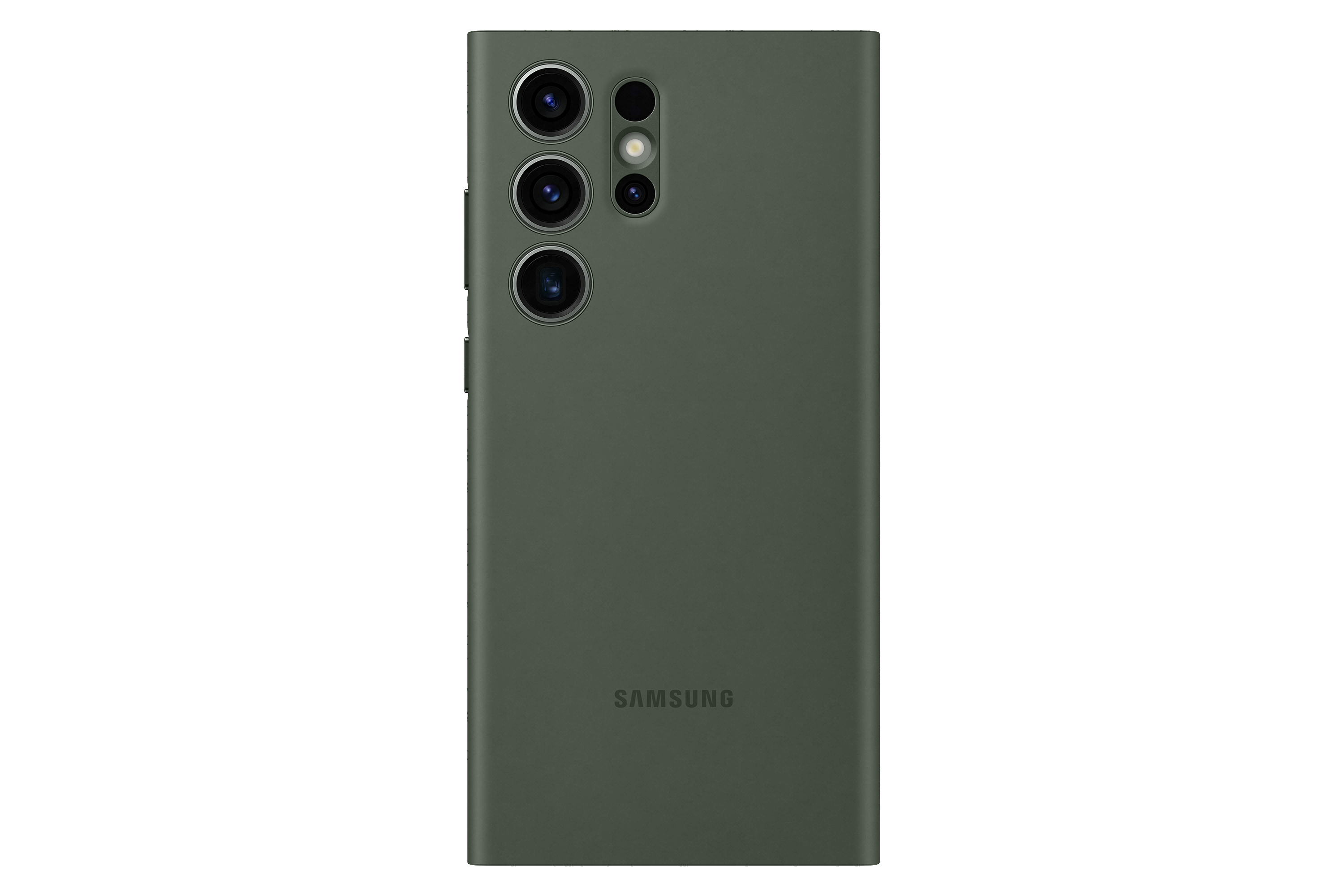 Dunkelgrüne Handyhülle mit Kameralinsen, weißer Hintergrund, Samsung.