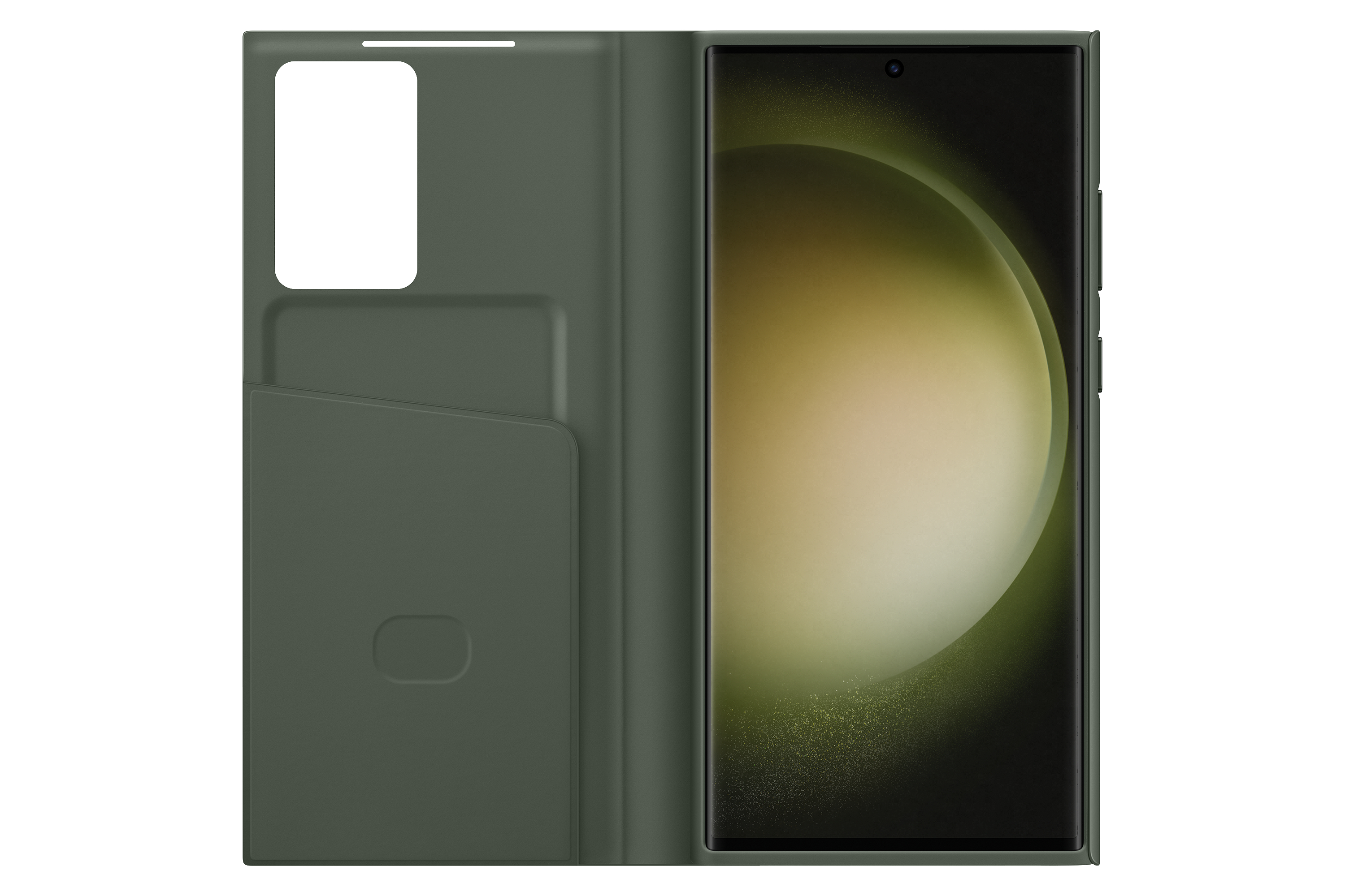 Offene Handyhülle mit Telefon darin. Die Hülle hat eine gedämpfte grüne Farbe.