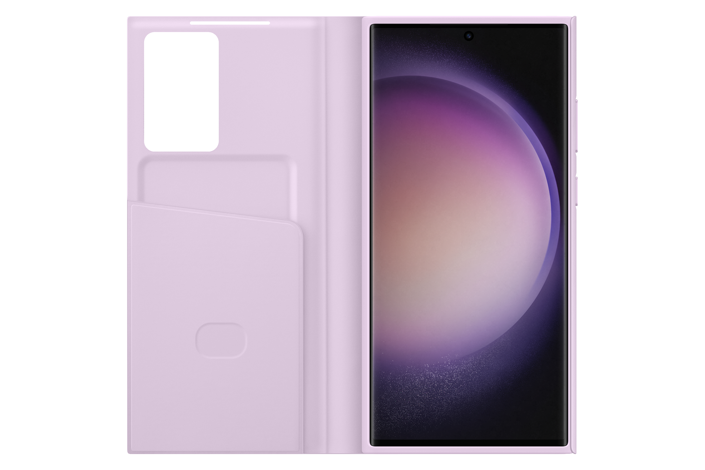 Offene lila Handyhülle mit Telefon. Innentaschen für Karten.
