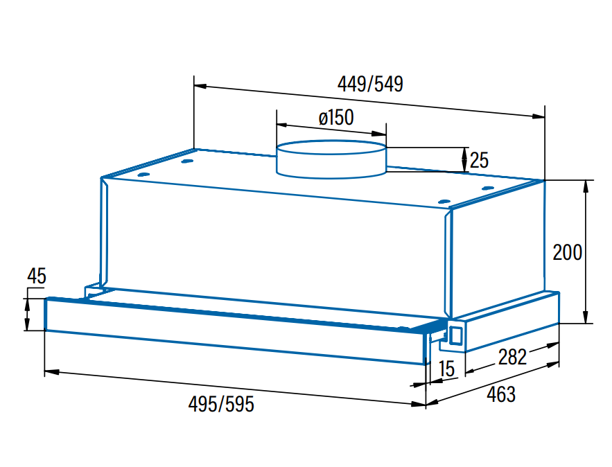 Konyhai páraelszívó diagramja méretekkel. Perspektivikus nézetben, vonalakkal és számokkal.