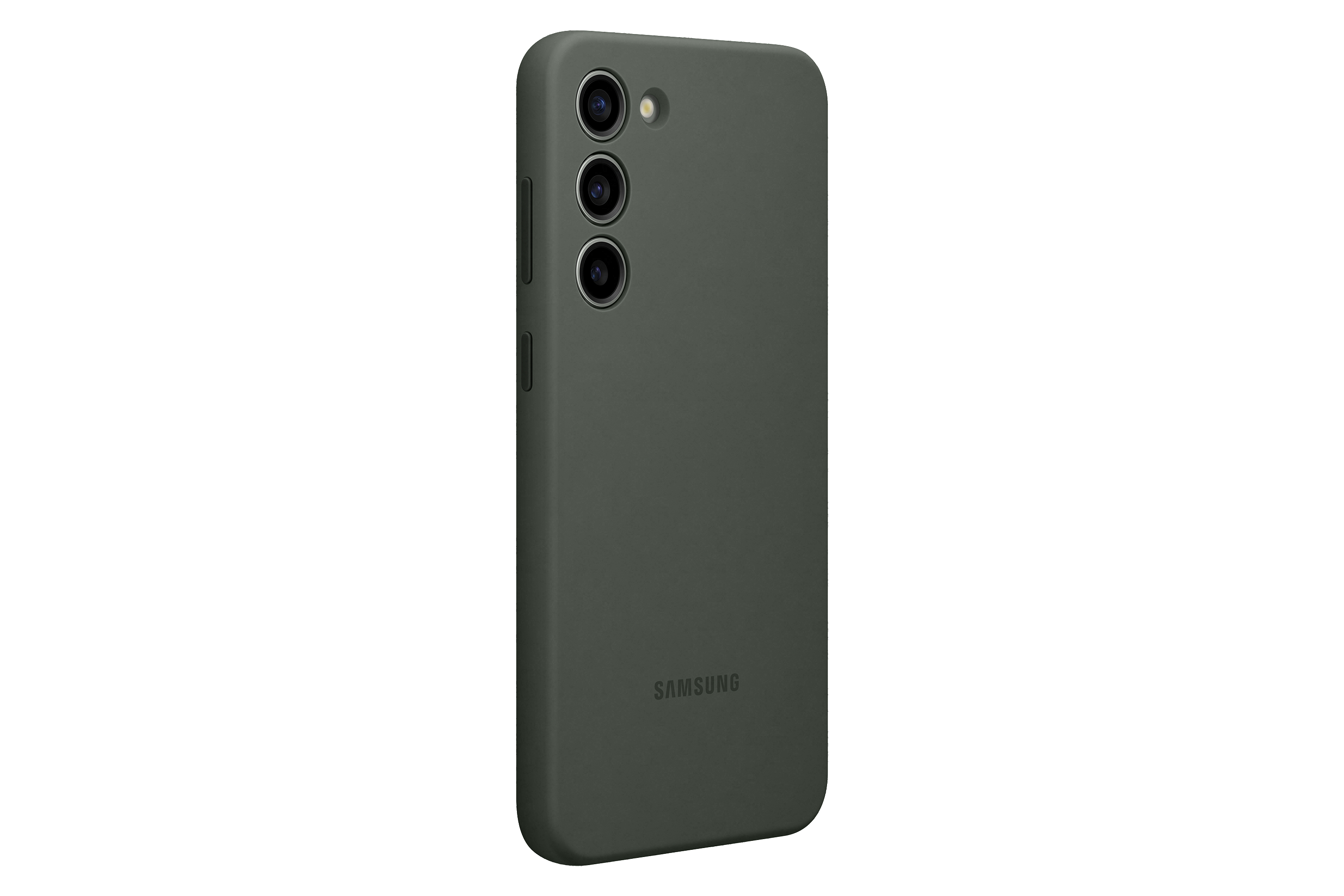 Eine dunkelgrüne Handyhülle mit drei Kameralinsen auf der Rückseite. Das SAMSUNG-Logo ist sichtbar.
