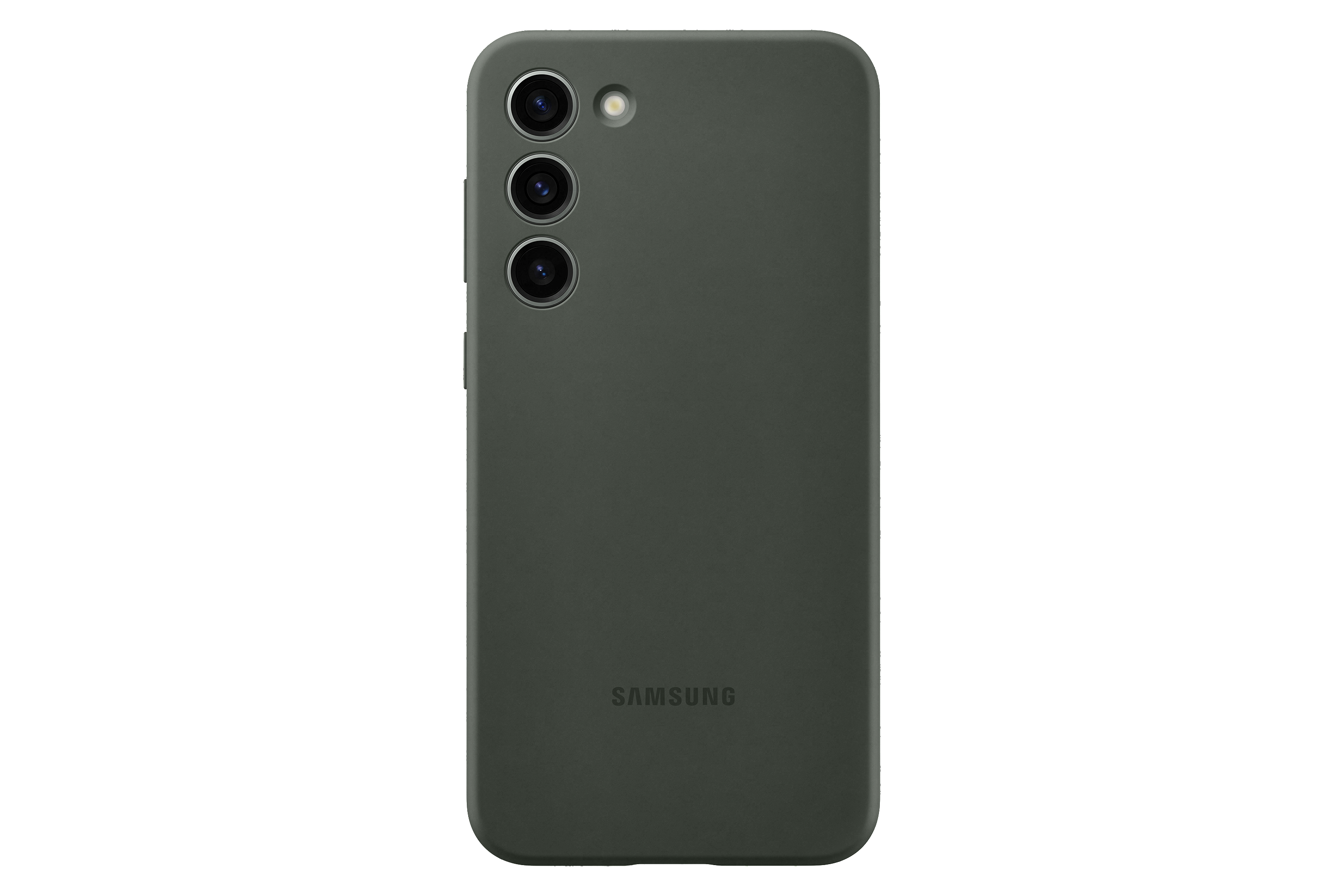 Rückseite eines dunkelgrünen Telefons mit drei Kameralinsen und Samsung-Logo.