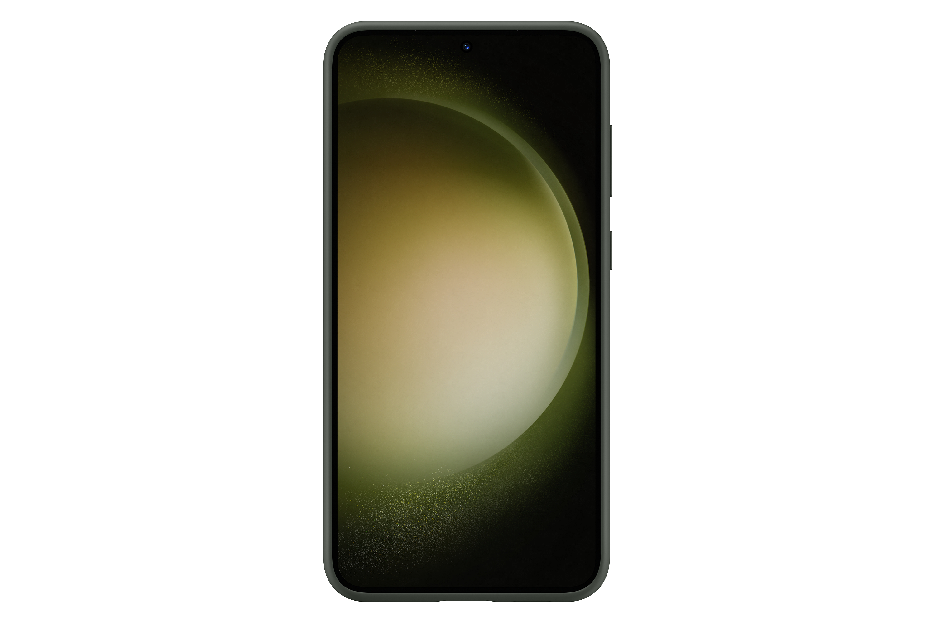 Schwarzes Samsung-Telefon mit großem Bildschirm, Kameralinse und einfachem Design.