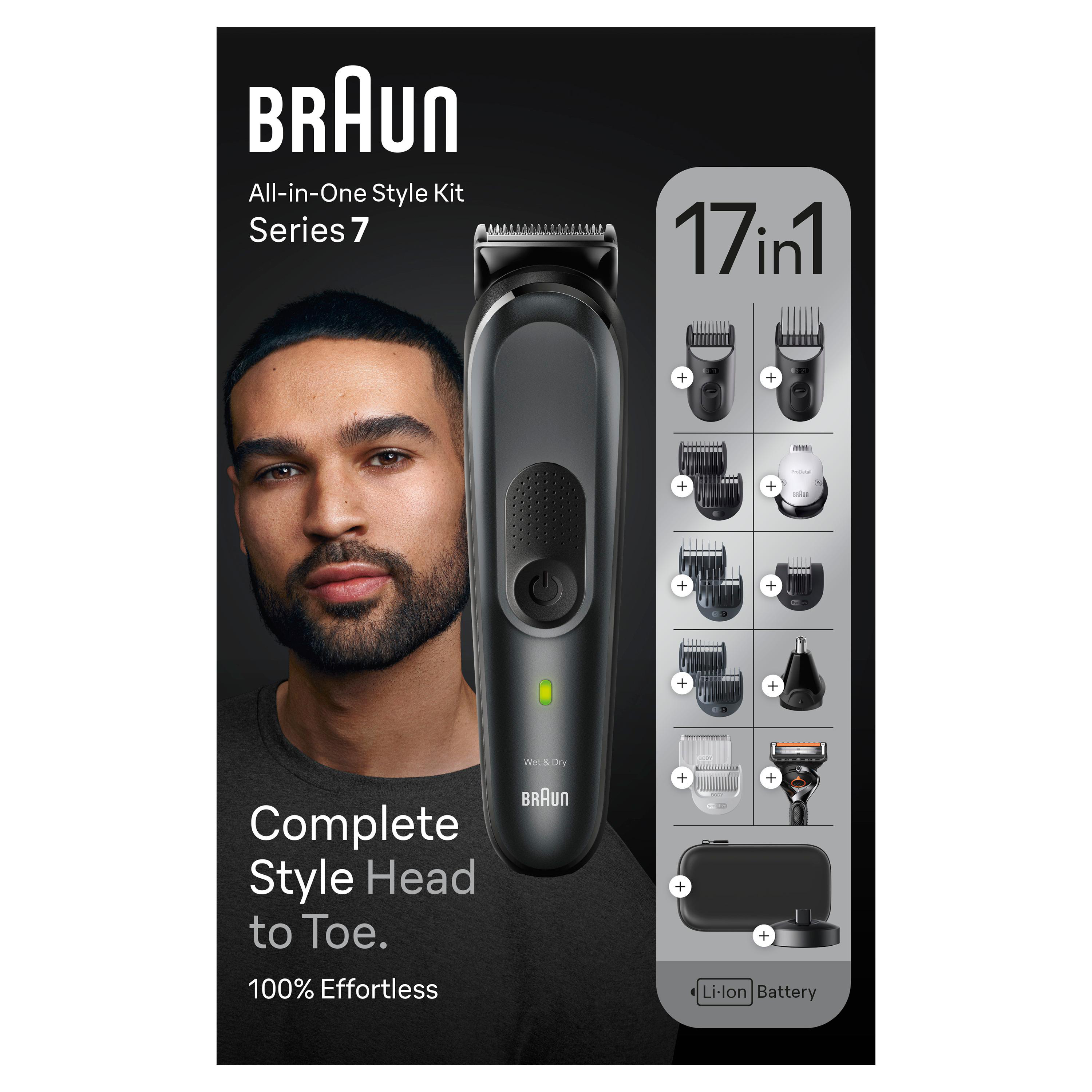 Braun Series 7 All-in-One-Pflegeset, mit Männergesicht und Zubehör.